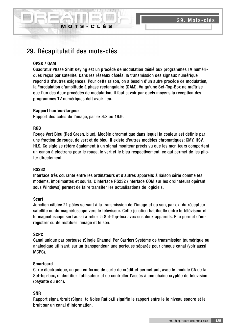 2 9 . récapitulatif des mots-clés | Dream Property DM5600 User Manual | Page 134 / 137