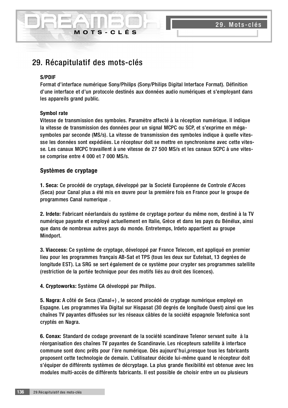 2 9 . récapitulatif des mots-clés | Dream Property DM5600 User Manual | Page 135 / 137