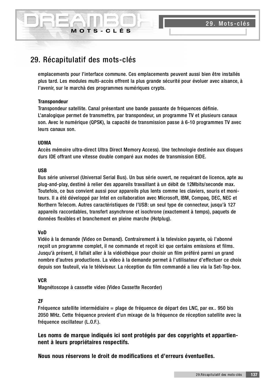 2 9 . récapitulatif des mots-clés | Dream Property DM5600 User Manual | Page 136 / 137