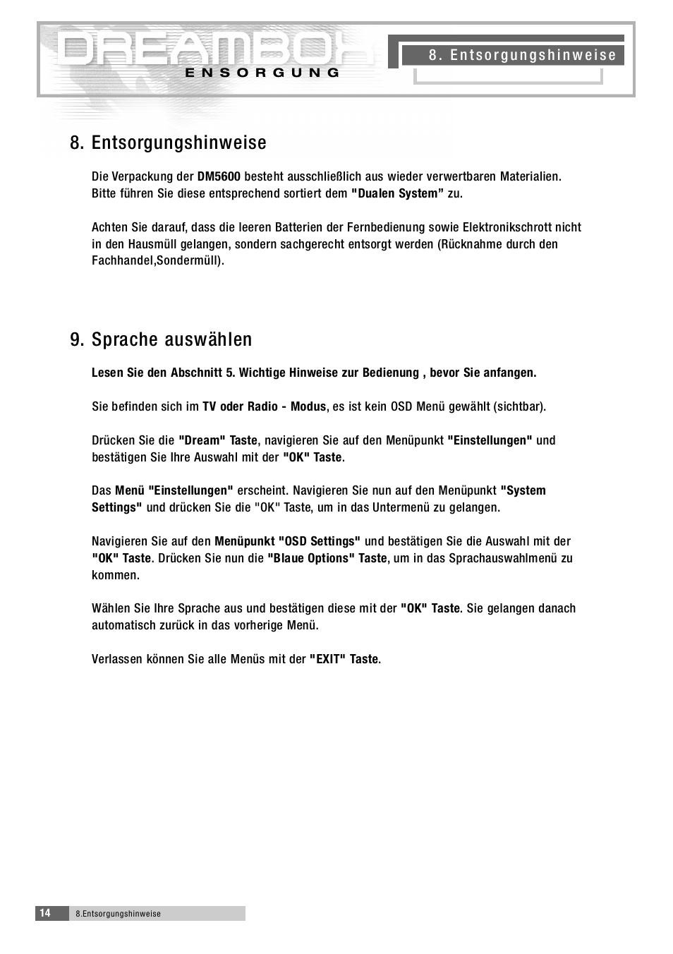 9 . s p ra che auswählen | Dream Property DM5600 User Manual | Page 15 / 137