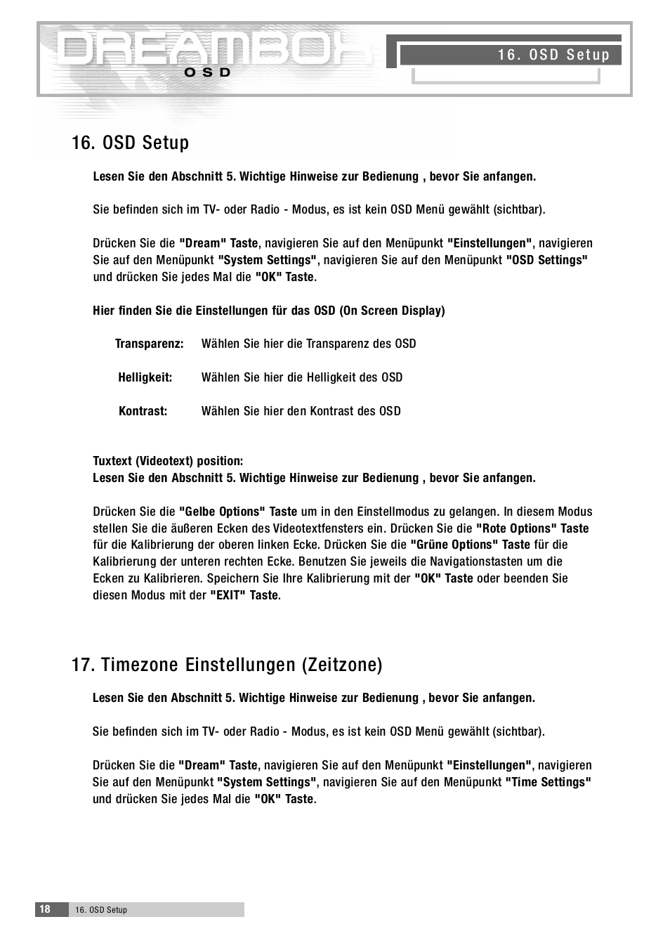 1 6 . osd setup, 1 7 . timezone einstellungen (zeitzone) | Dream Property DM5600 User Manual | Page 19 / 137