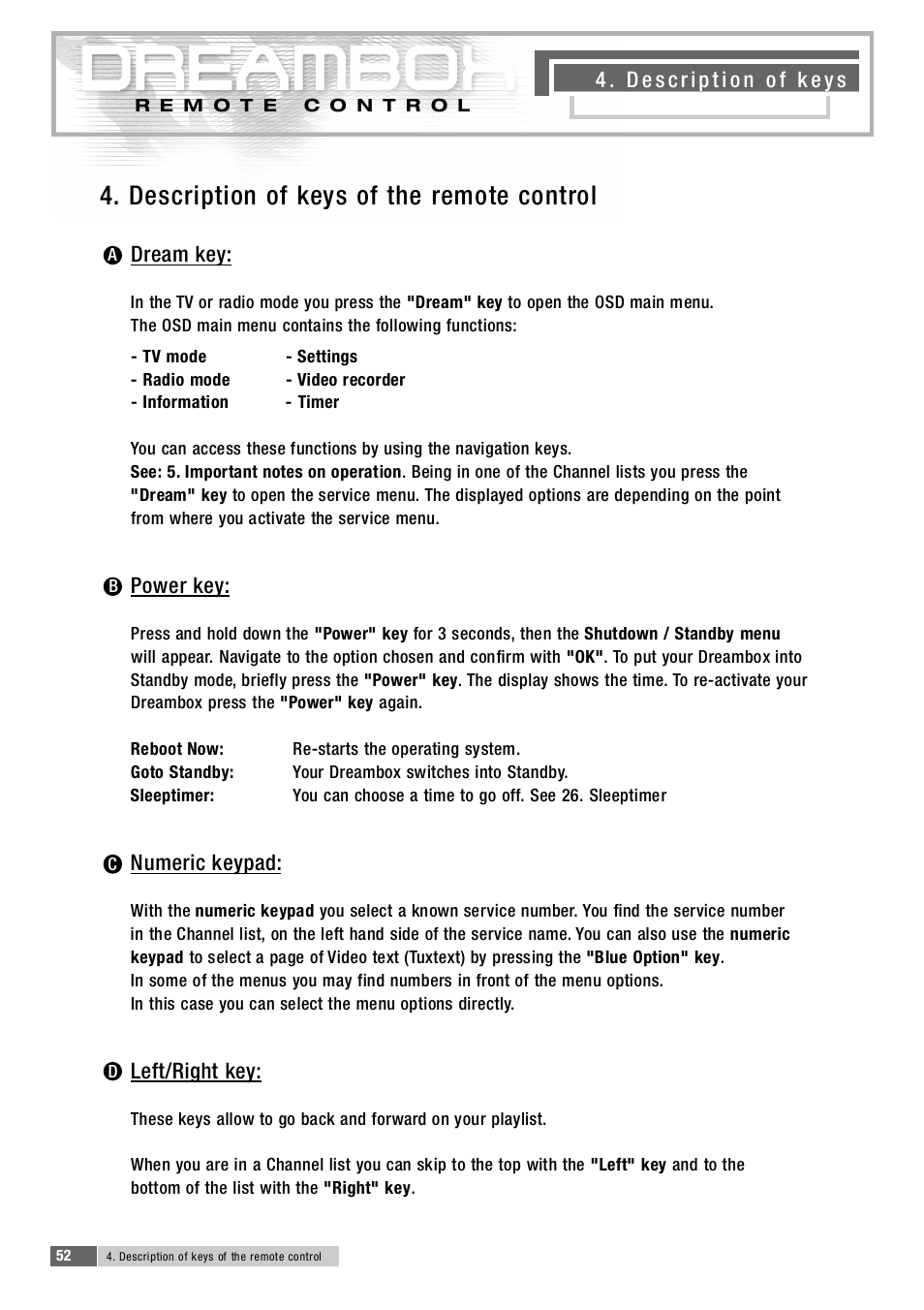 4 . description of keys of the remote control | Dream Property DM5600 User Manual | Page 52 / 137