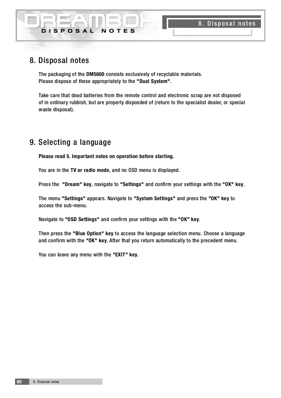 9 . selecting a language | Dream Property DM5600 User Manual | Page 60 / 137