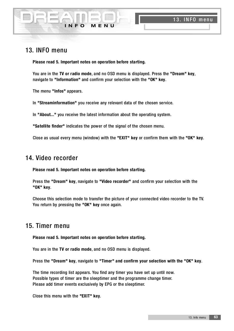 1 3 . info menu, 1 4 . video re c o rd e r, 1 5 . timer menu | Dream Property DM5600 User Manual | Page 63 / 137