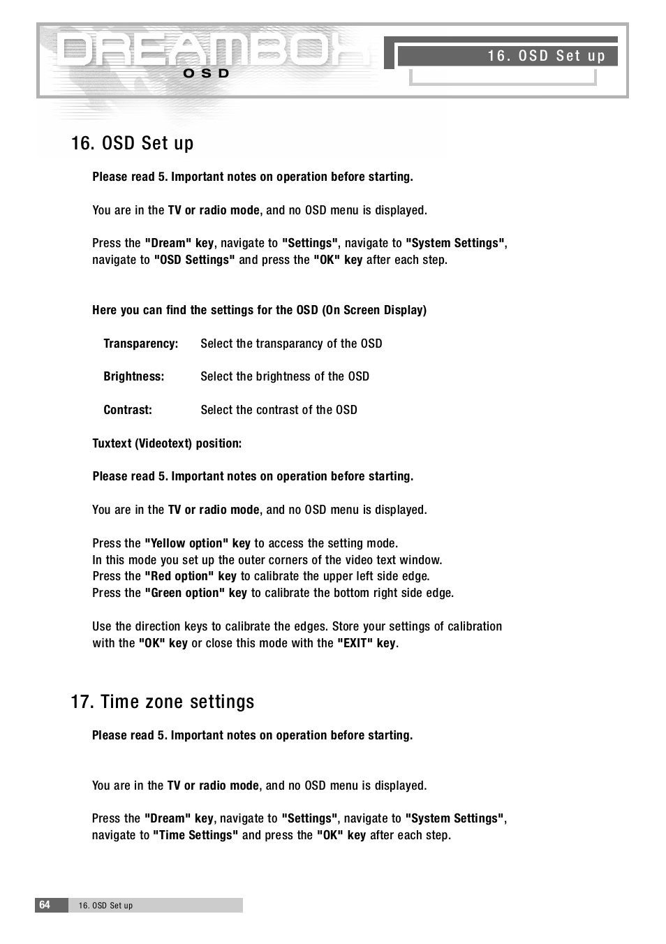 1 6 . osd set up, 1 7 . time zone settings | Dream Property DM5600 User Manual | Page 64 / 137