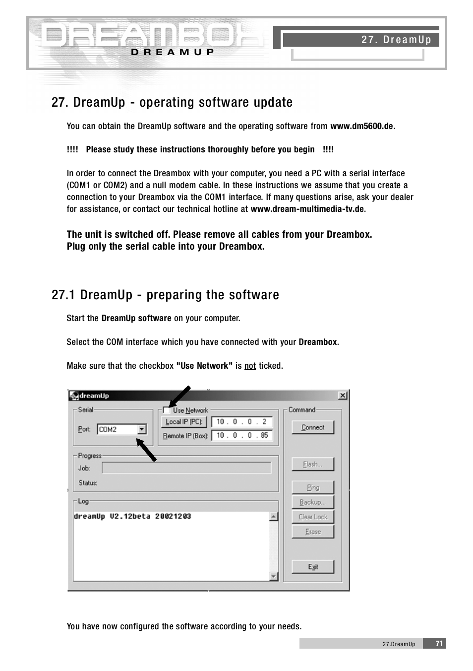 2 7 . d reamup - operating softwa re update, 2 7 . 1 d reamup - preparing the softwa re | Dream Property DM5600 User Manual | Page 71 / 137