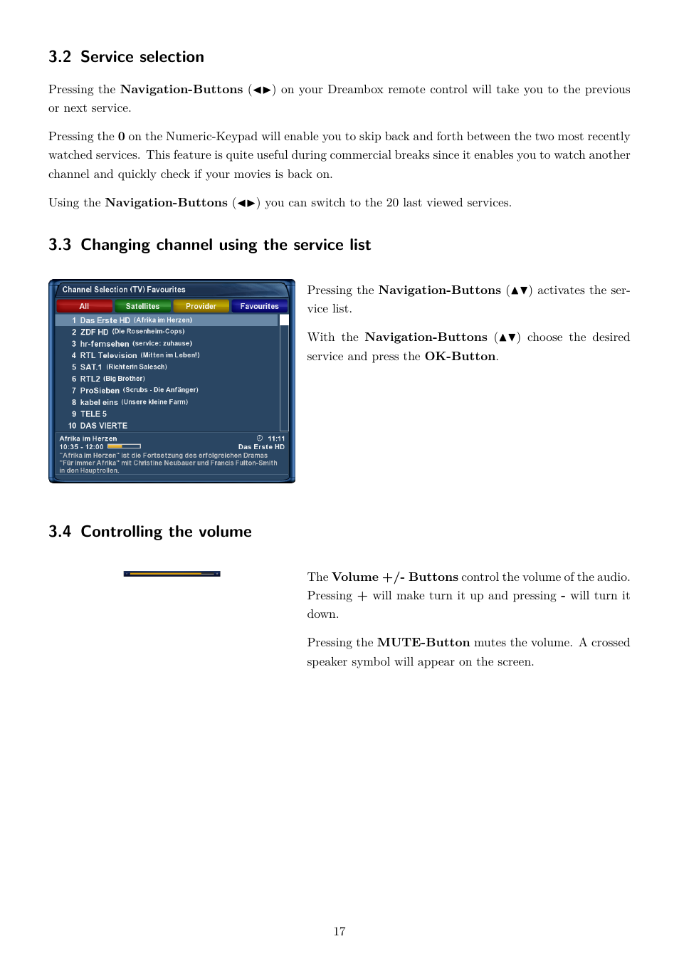 2 service selection, 3 changing channel using the service list, 4 controlling the volume | Dream Property DM820 HD User Manual | Page 22 / 81