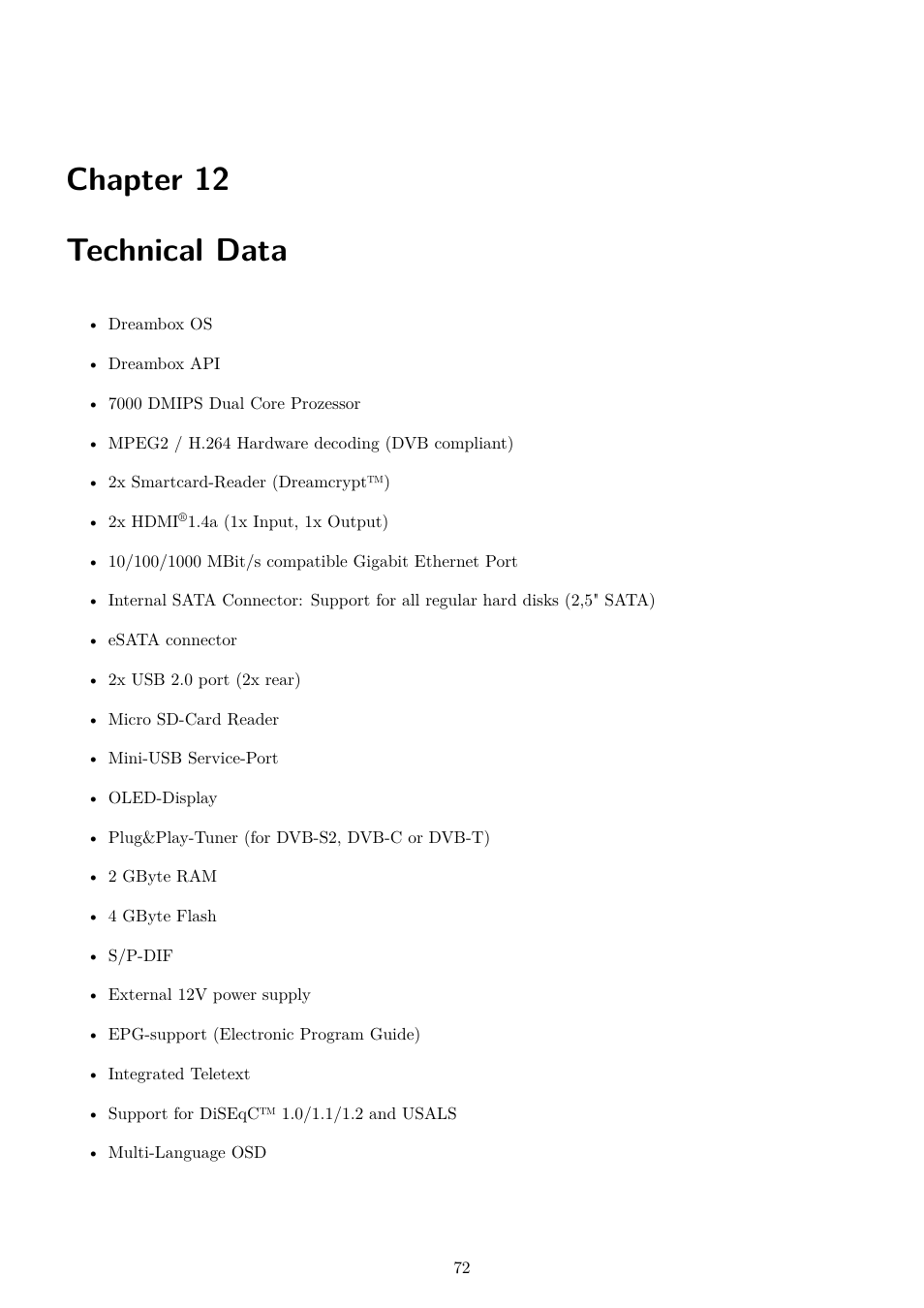 12 technical data, Chapter 12 technical data | Dream Property DM820 HD User Manual | Page 77 / 81