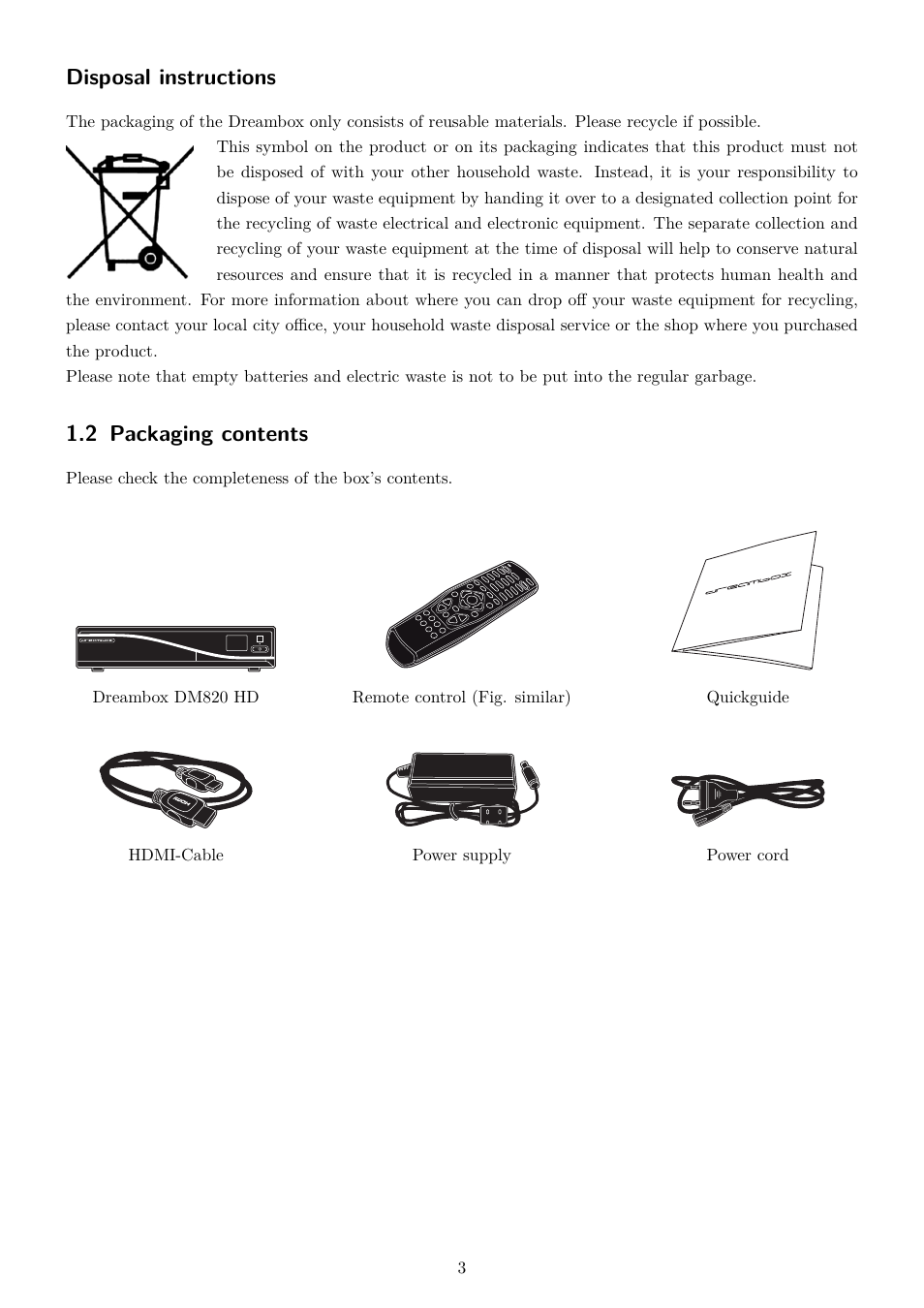 2 packaging contents, Disposal instructions | Dream Property DM820 HD User Manual | Page 8 / 81