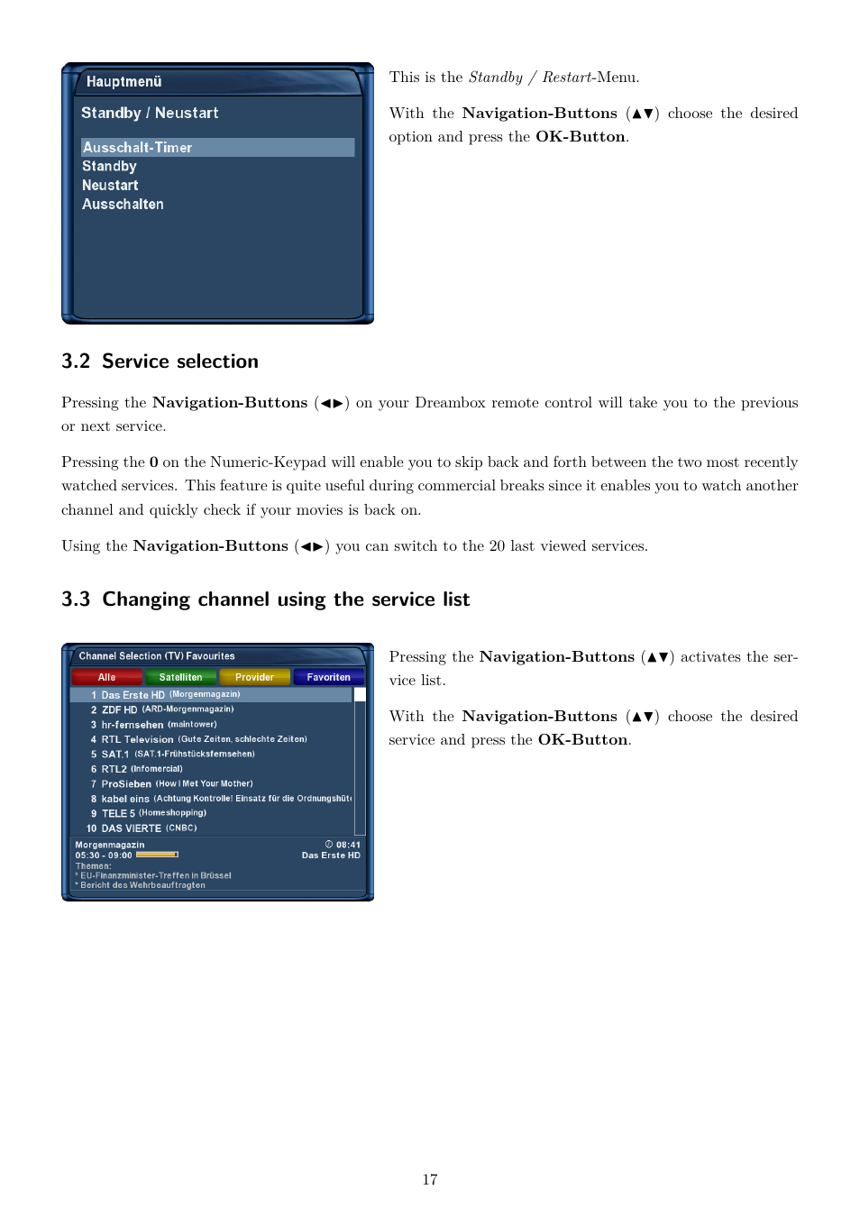 2 service selection, 3 changing channel using the service list | Dream Property DM800 HD se User Manual | Page 22 / 91
