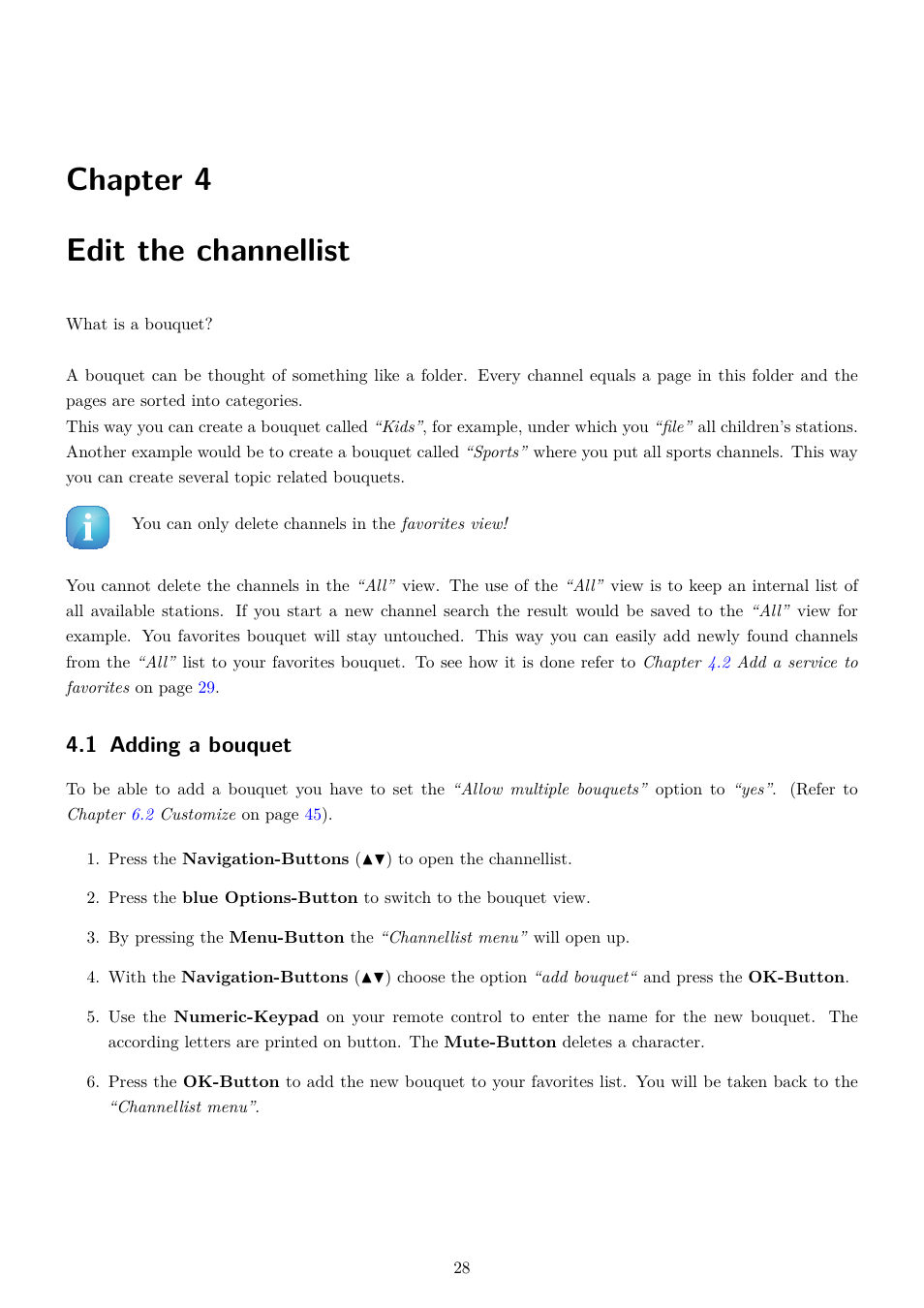 4 edit the channellist, 1 adding a bouquet, Edit the channellist | Chapter 4 edit the channellist | Dream Property DM800 HD se User Manual | Page 33 / 91