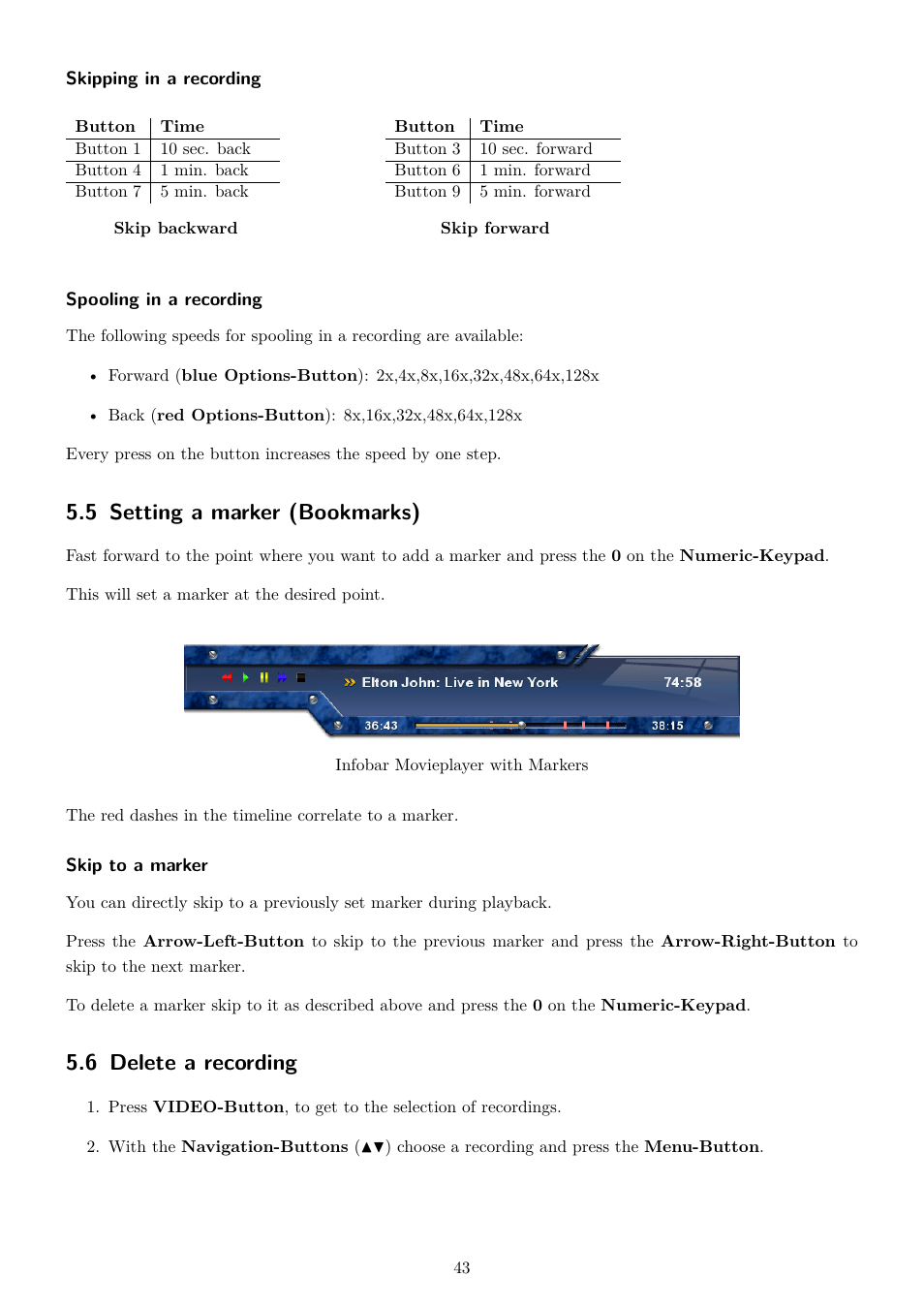 5 setting a marker (bookmarks), 6 delete a recording | Dream Property DM800 HD se User Manual | Page 48 / 91