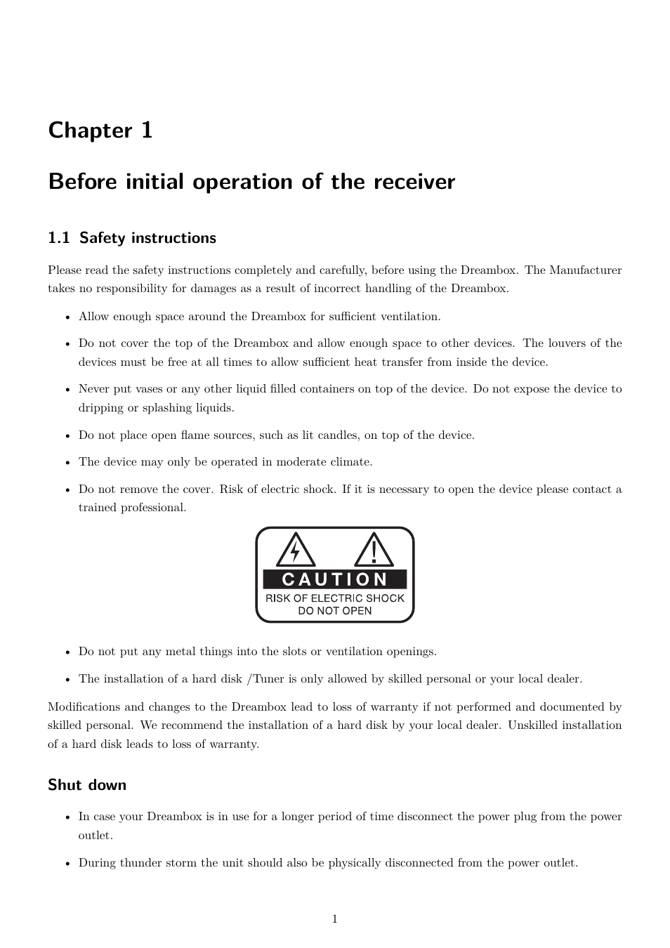 1 before initial operation of the receiver, 1 safety instructions, Before initial operation of the receiver | Chapter 1 before initial operation of the receiver, Shut down | Dream Property DM800 HD se User Manual | Page 6 / 91