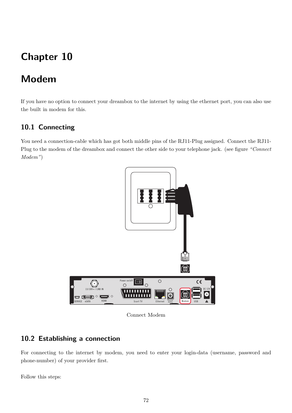 10 modem, 1 connecting, 2 establishing a connection | Chapter 10 modem | Dream Property DM800 HD se User Manual | Page 77 / 91