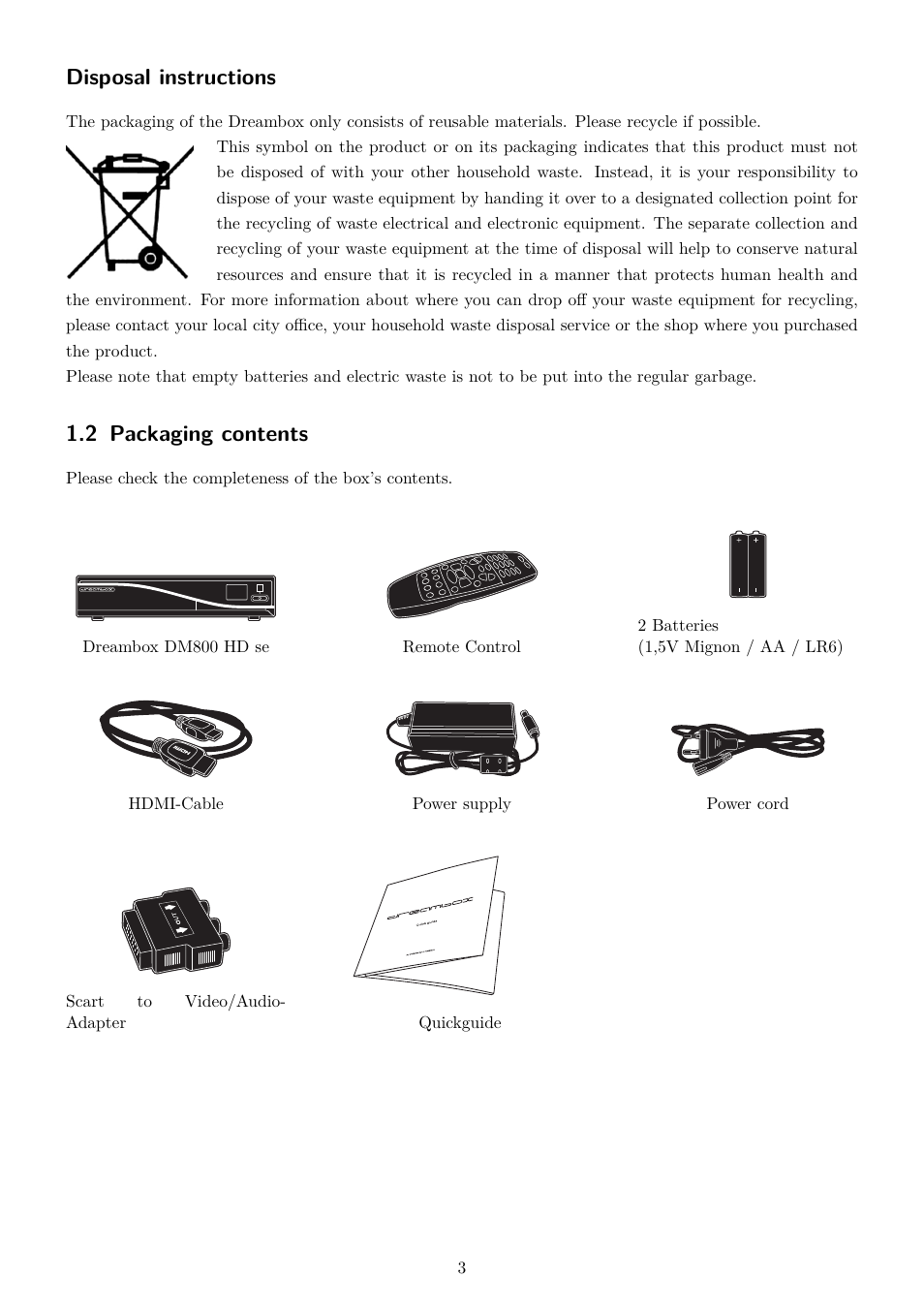 2 packaging contents, Disposal instructions | Dream Property DM800 HD se User Manual | Page 8 / 91