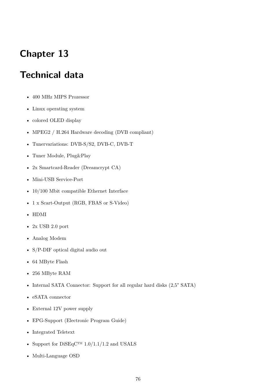 13 technical data, Chapter 13 technical data | Dream Property DM800 HD se User Manual | Page 81 / 91