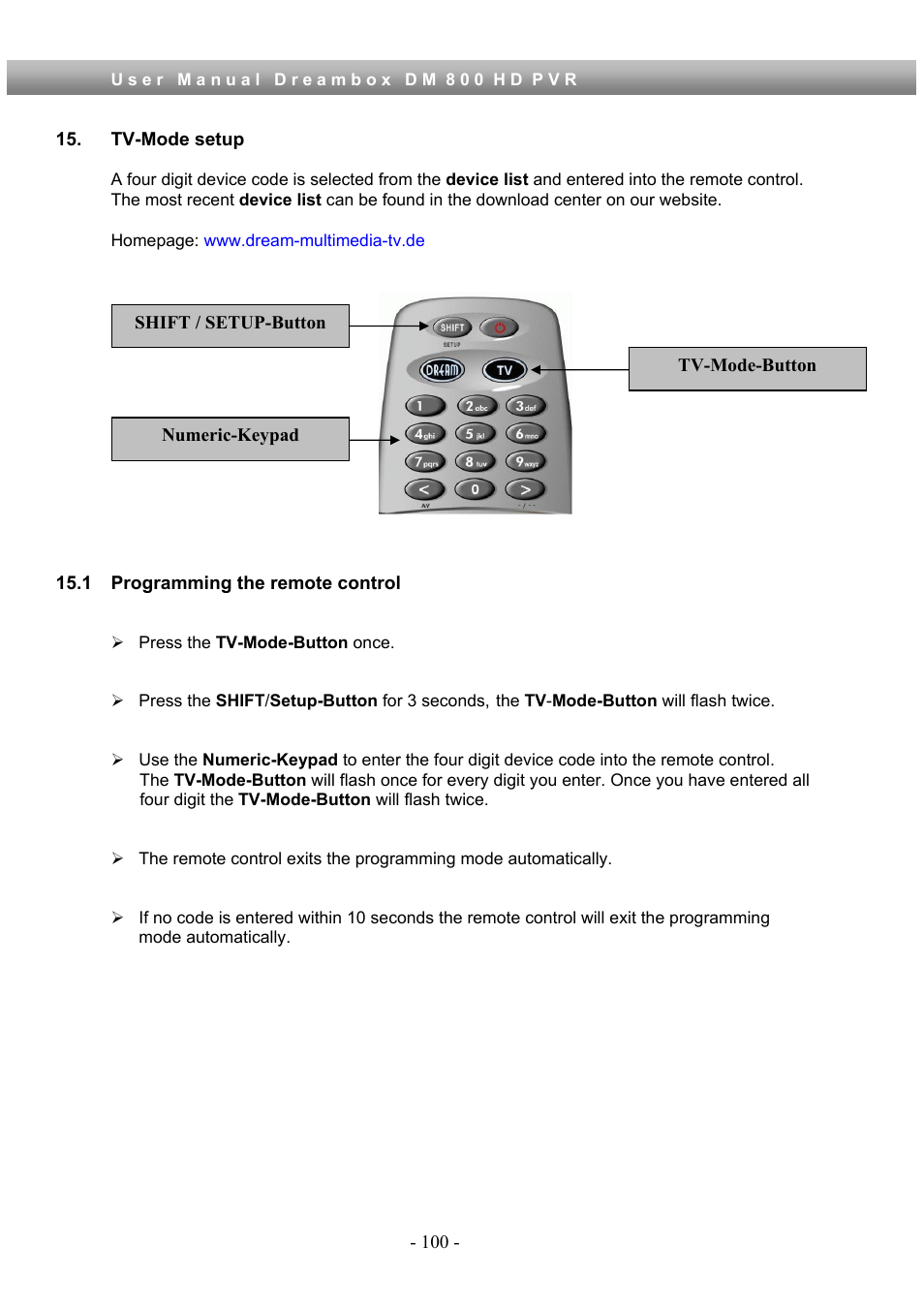 Tv-mode setup, 1 programming the remote control | Dream Property DM800 HD PVR User Manual | Page 100 / 110