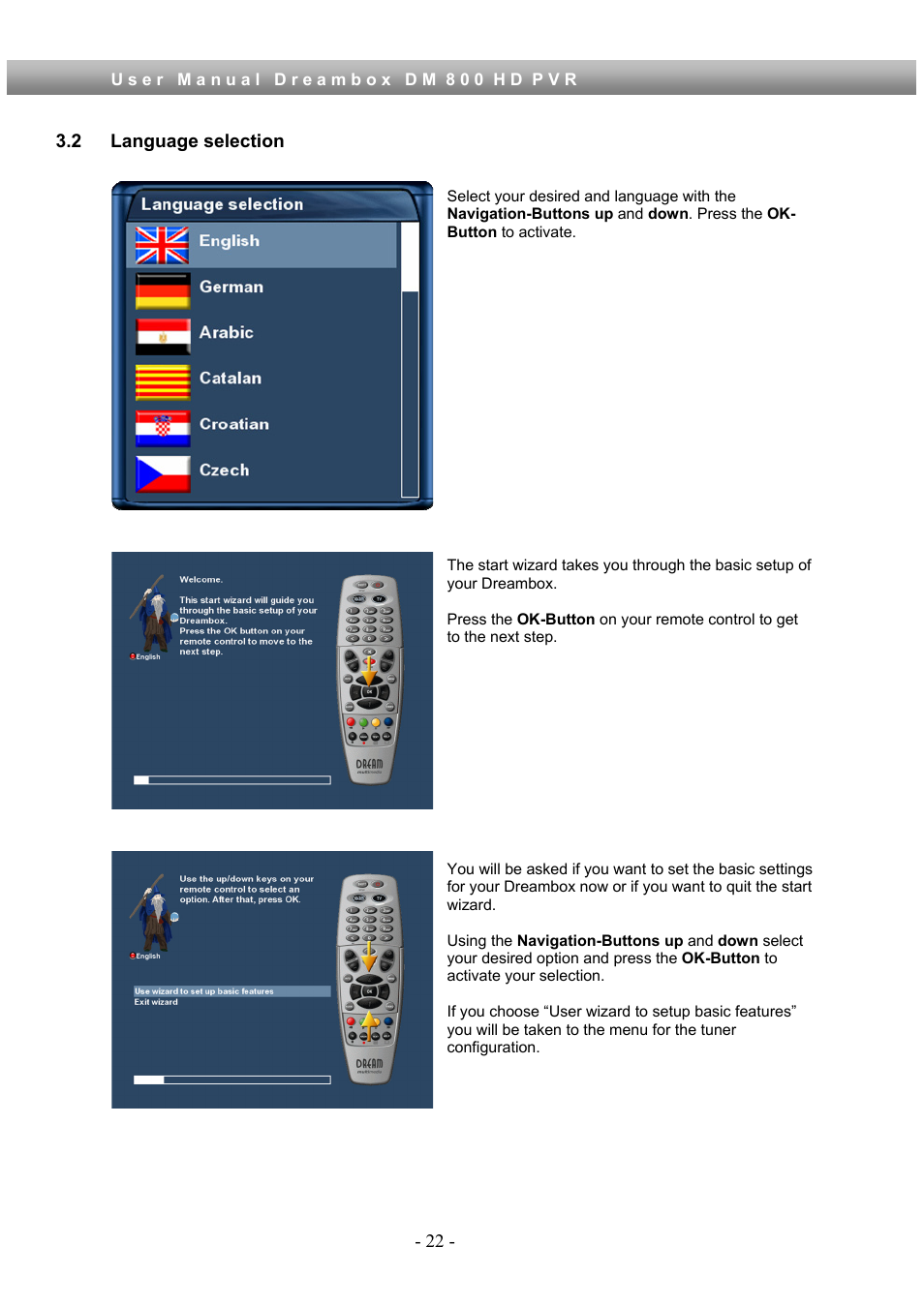 2 language selection | Dream Property DM800 HD PVR User Manual | Page 22 / 110