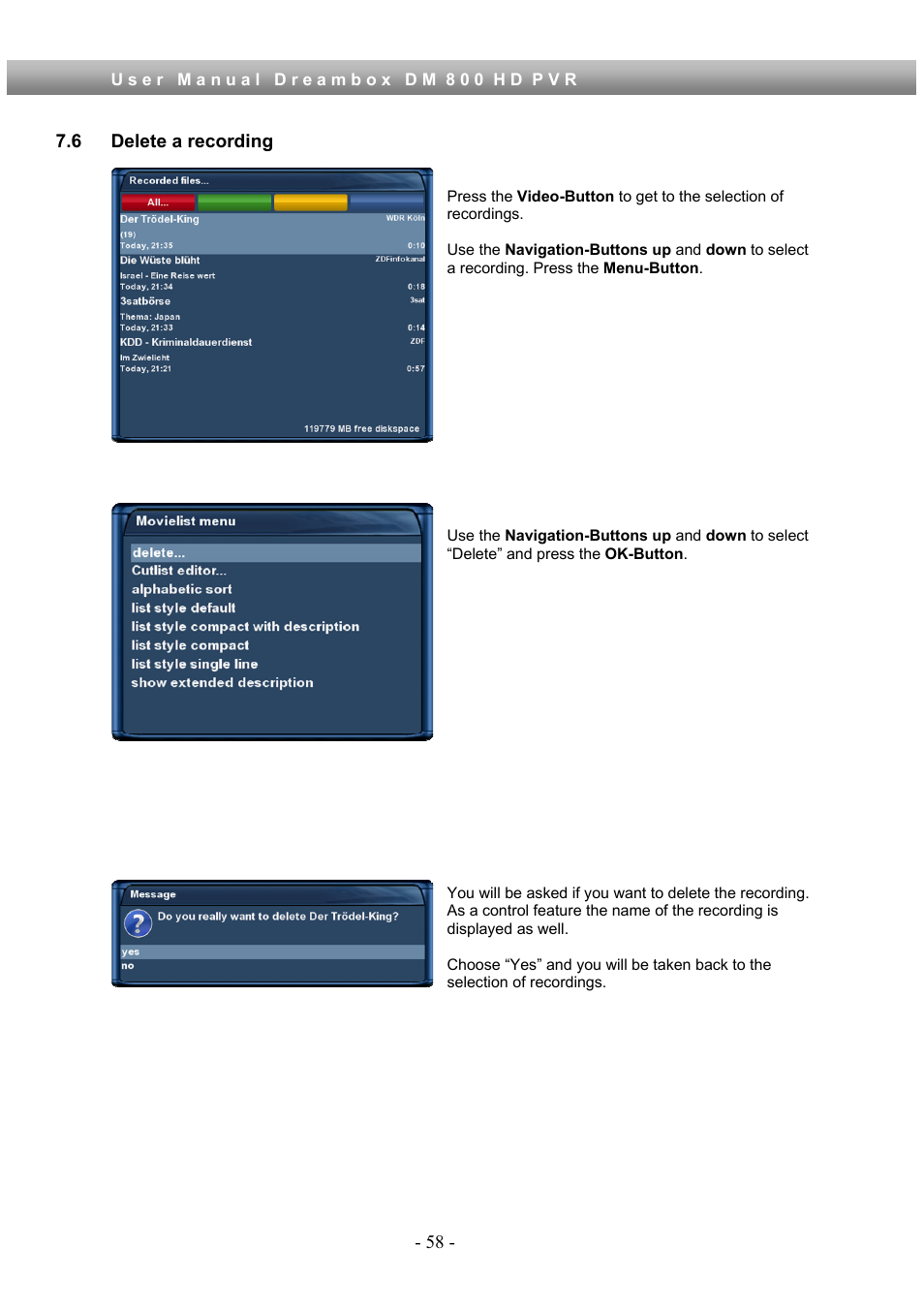 6 delete a recording | Dream Property DM800 HD PVR User Manual | Page 58 / 110