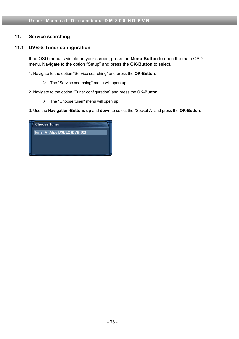 Service searching, 1 dvb-s tuner configuration | Dream Property DM800 HD PVR User Manual | Page 76 / 110