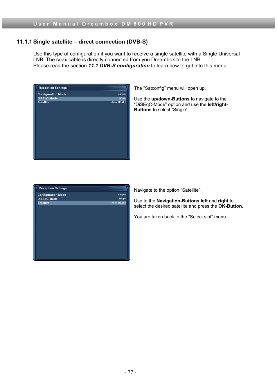 1 single satellite – direct connection (dvb-s) | Dream Property DM800 HD PVR User Manual | Page 77 / 110