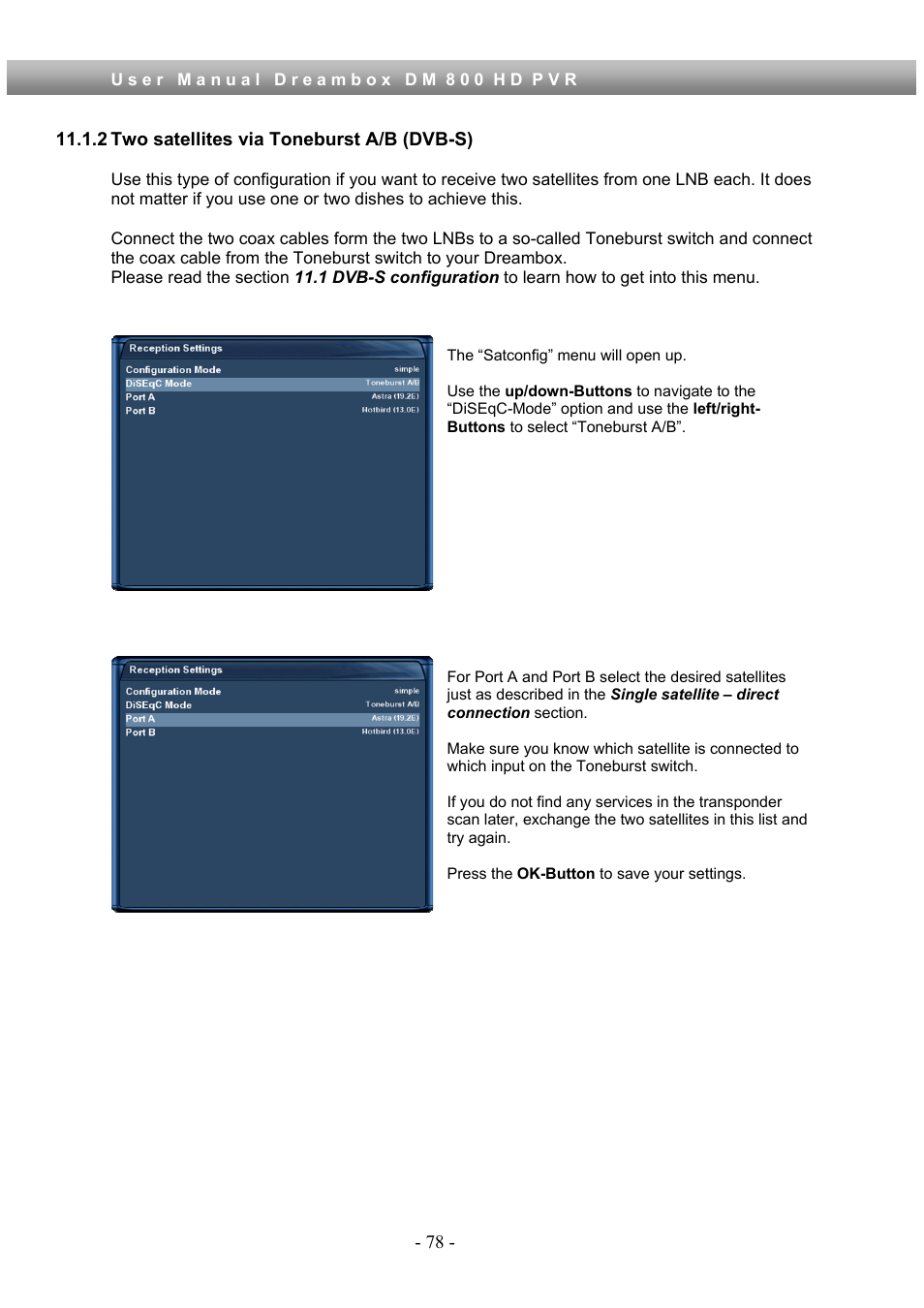 2 two satellites via toneburst a/b (dvb-s) | Dream Property DM800 HD PVR User Manual | Page 78 / 110