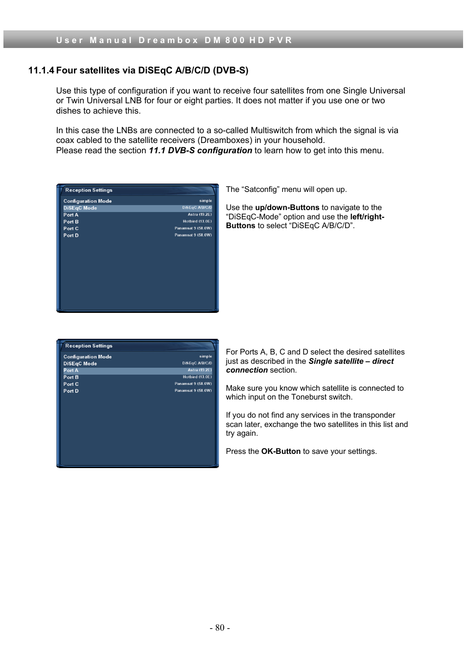 4 four satellites via diseqc a/b/c/d (dvb-s) | Dream Property DM800 HD PVR User Manual | Page 80 / 110