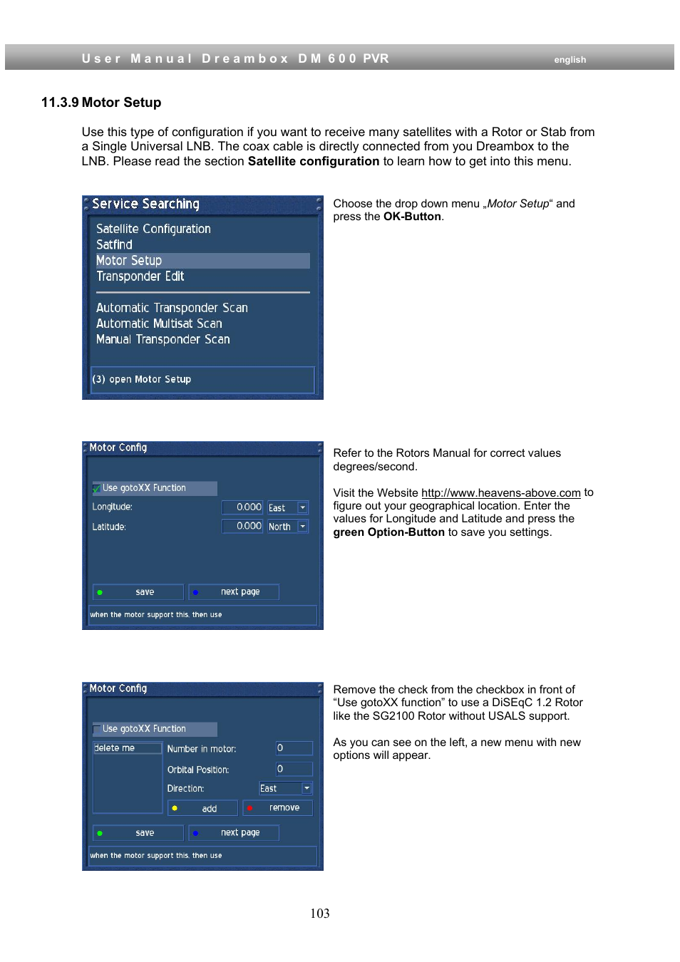 9 motor setup | Dream Property DM600 PVR User Manual | Page 103 / 134