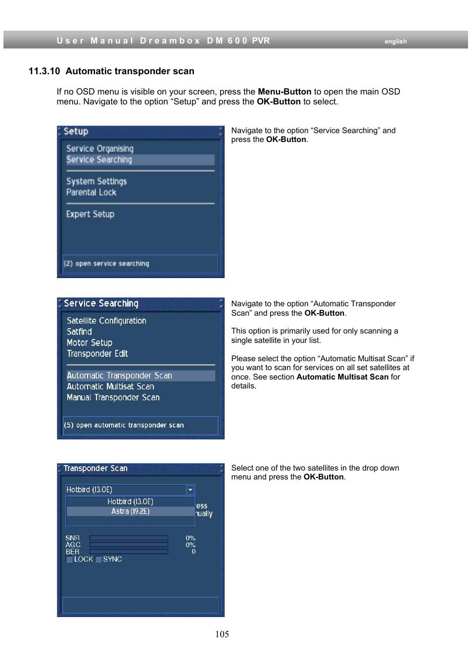 10 automatic transponder scan | Dream Property DM600 PVR User Manual | Page 105 / 134