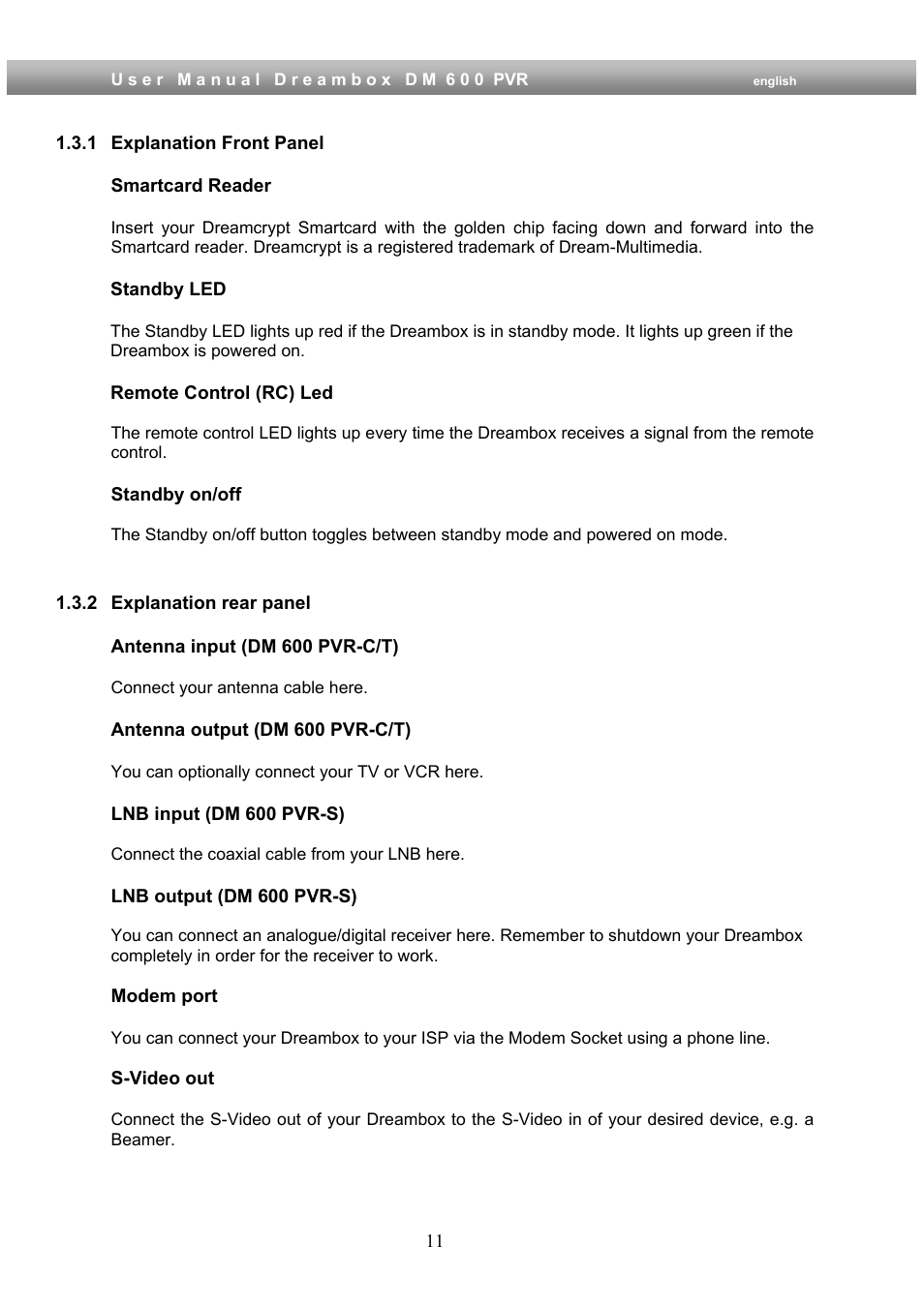 1 explanation front panel, 2 explanation rear panel | Dream Property DM600 PVR User Manual | Page 11 / 134