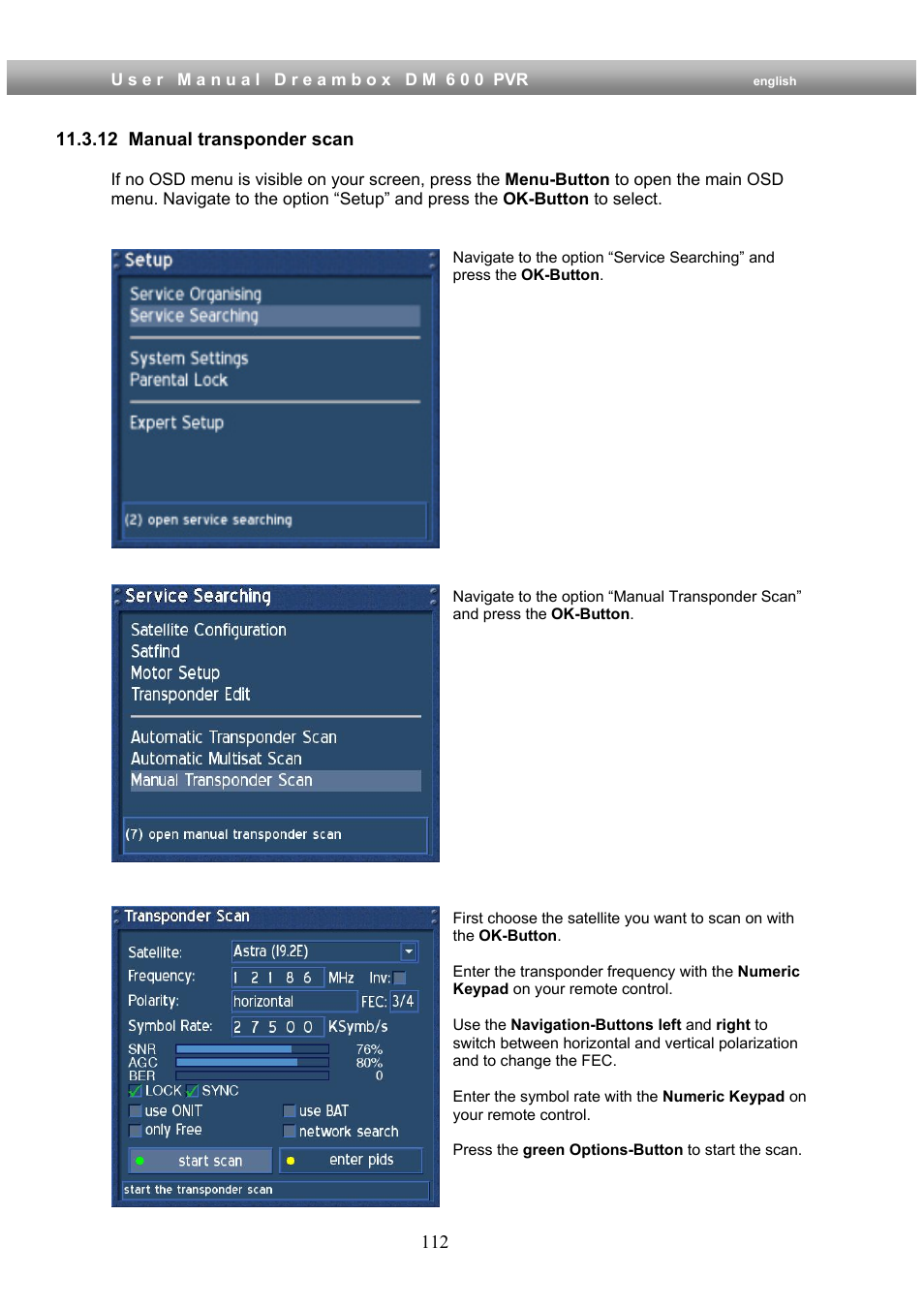 12 manual transponder scan | Dream Property DM600 PVR User Manual | Page 112 / 134
