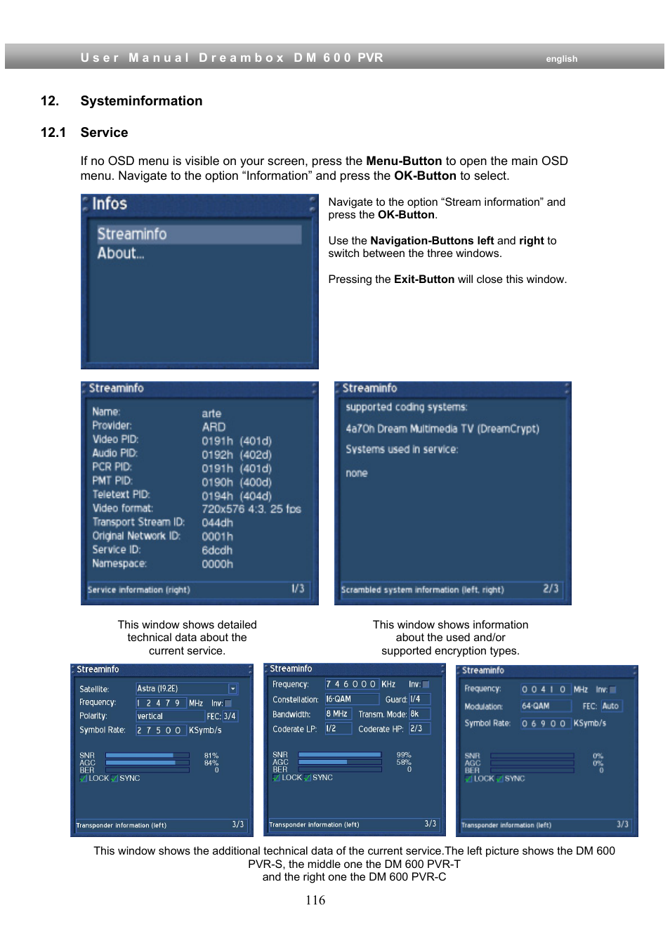 Systeminformation, 1 service | Dream Property DM600 PVR User Manual | Page 116 / 134