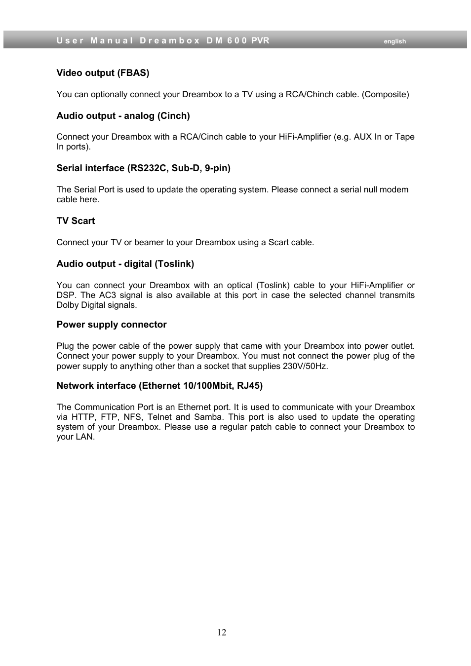 Dream Property DM600 PVR User Manual | Page 12 / 134