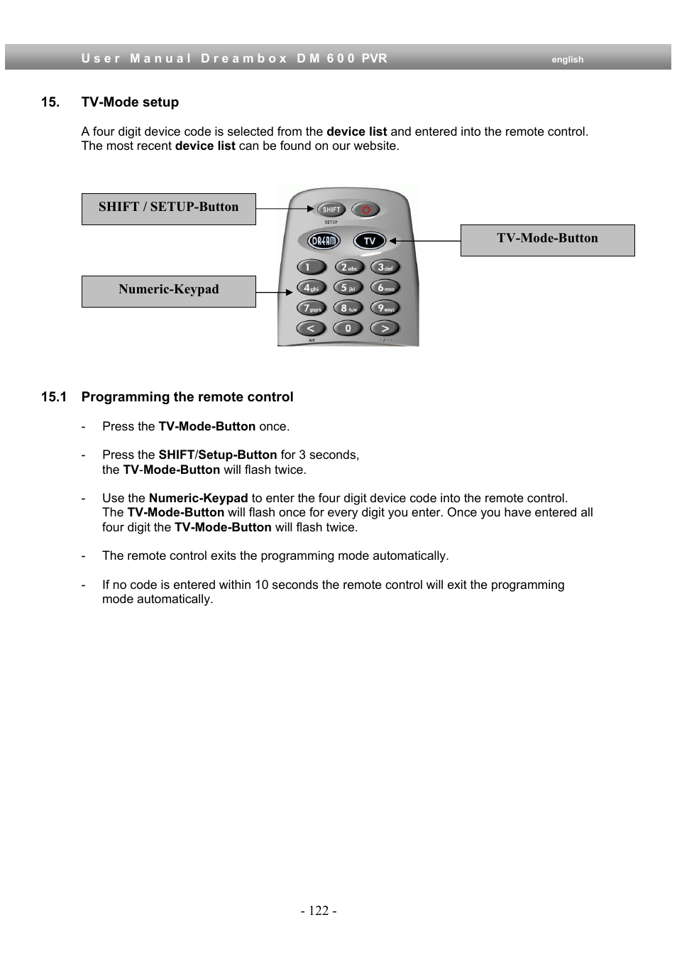 Tv-mode setup, 1 programming the remote control | Dream Property DM600 PVR User Manual | Page 122 / 134