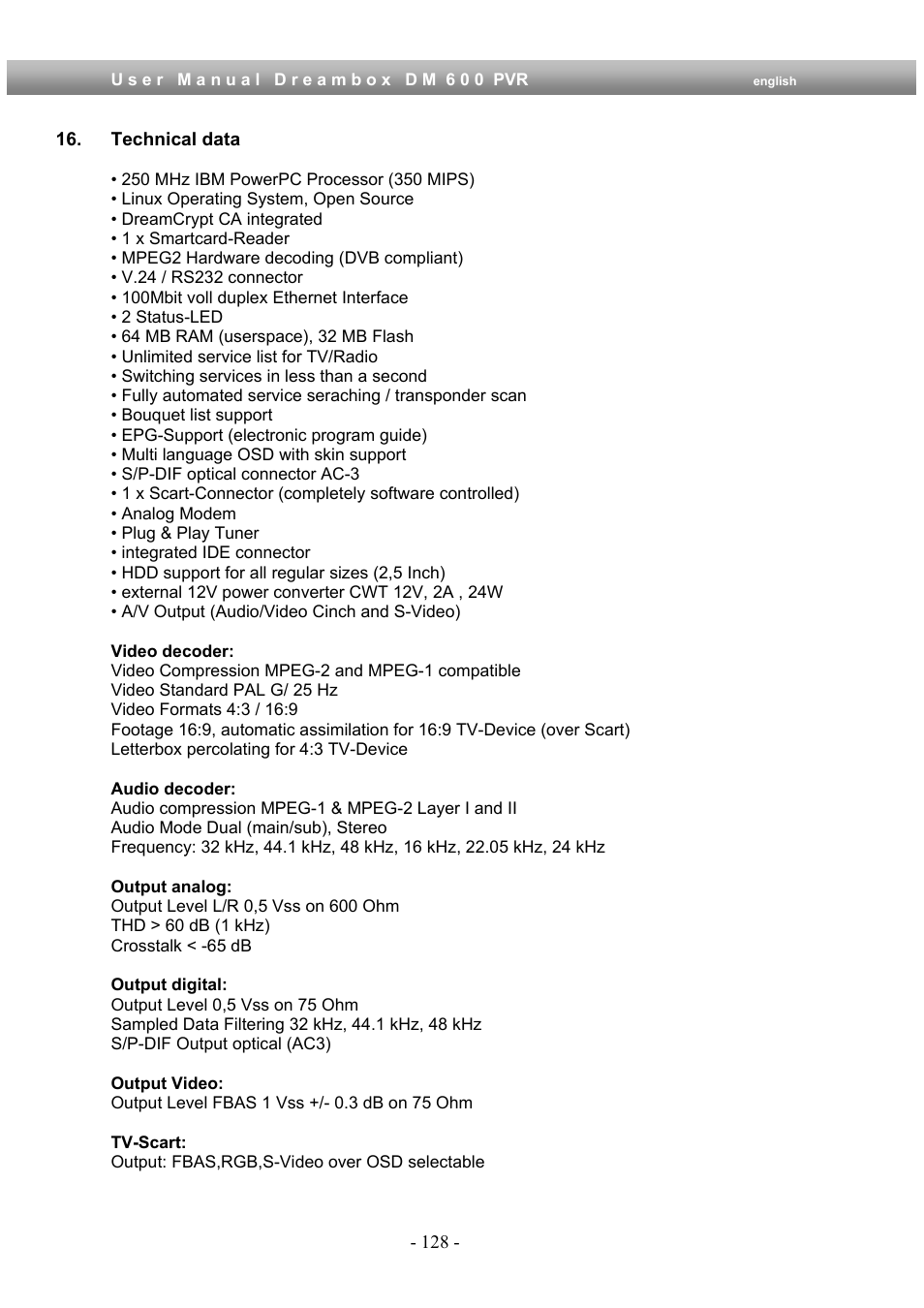 Technical data | Dream Property DM600 PVR User Manual | Page 128 / 134