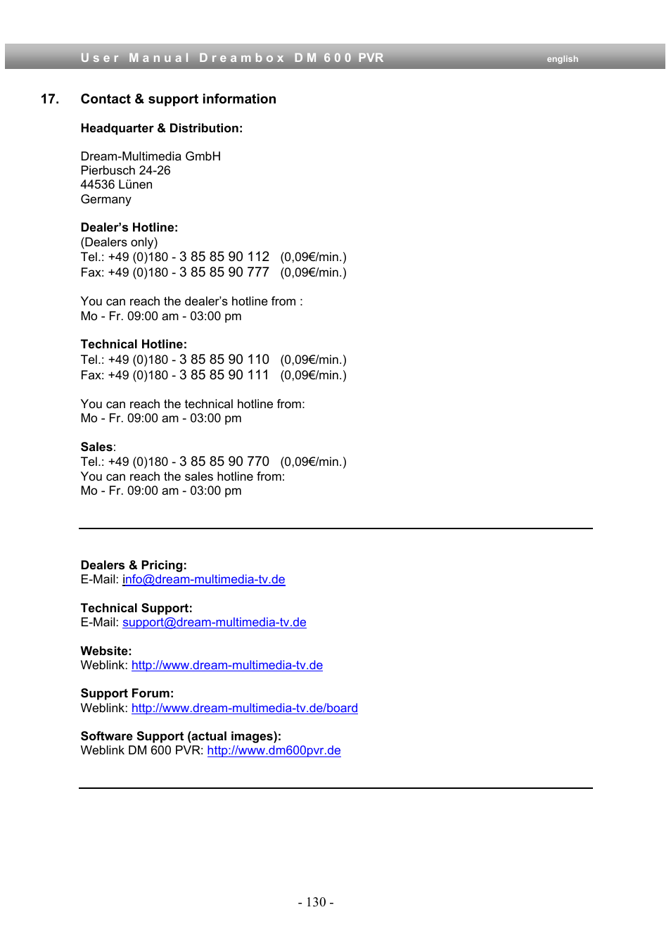 Contact & support information | Dream Property DM600 PVR User Manual | Page 130 / 134