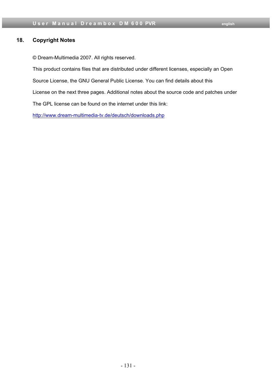 Copyright notes | Dream Property DM600 PVR User Manual | Page 131 / 134