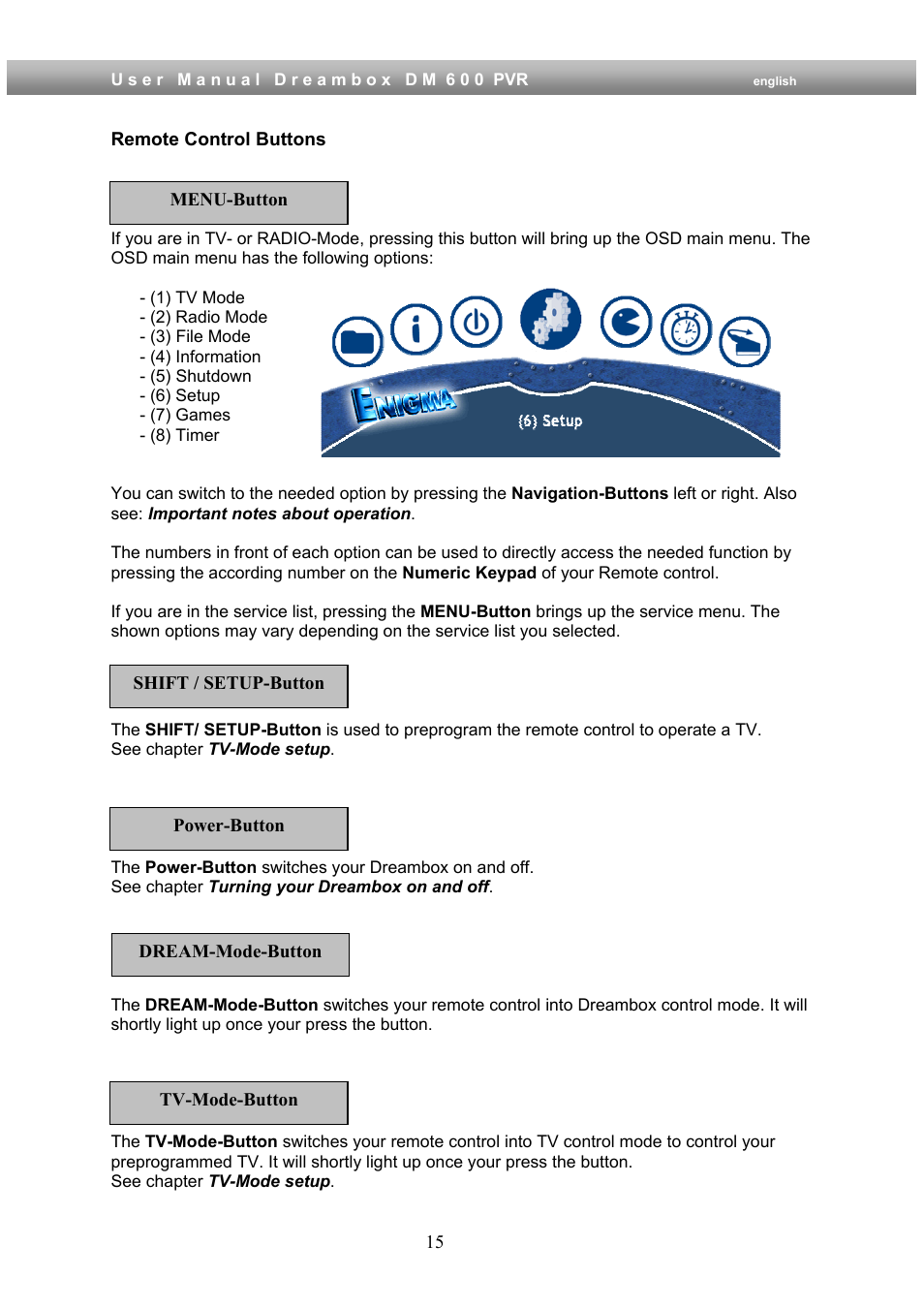Remote control buttons | Dream Property DM600 PVR User Manual | Page 15 / 134