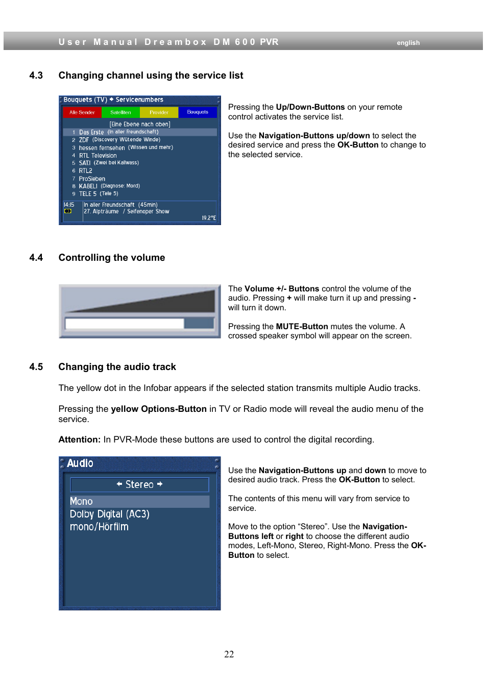 3 changing channel using the service list, 4 controlling the volume, 5 changing the audio track | Dream Property DM600 PVR User Manual | Page 22 / 134