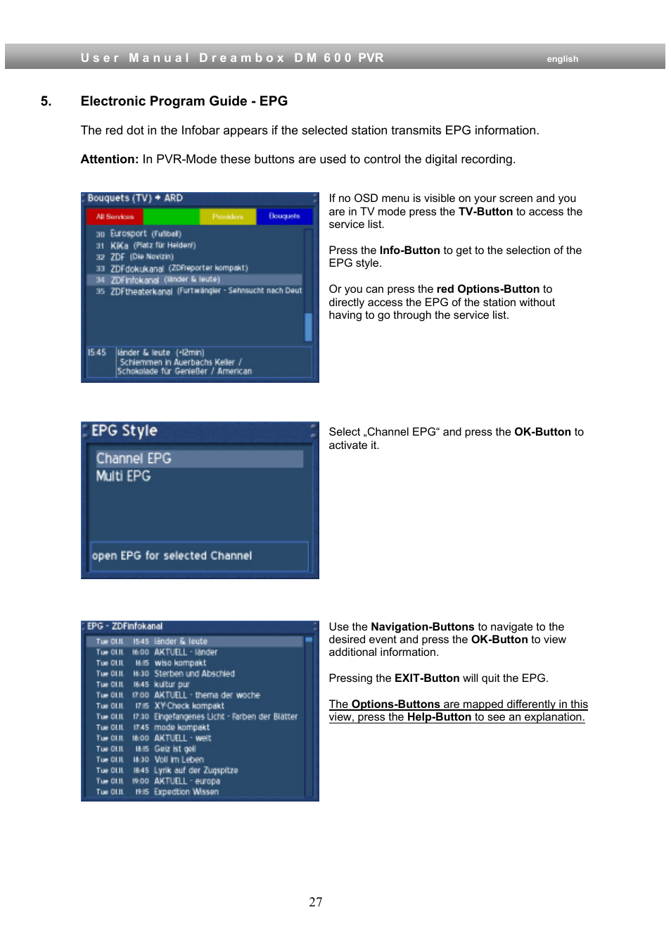 Electronic program guide - epg | Dream Property DM600 PVR User Manual | Page 27 / 134