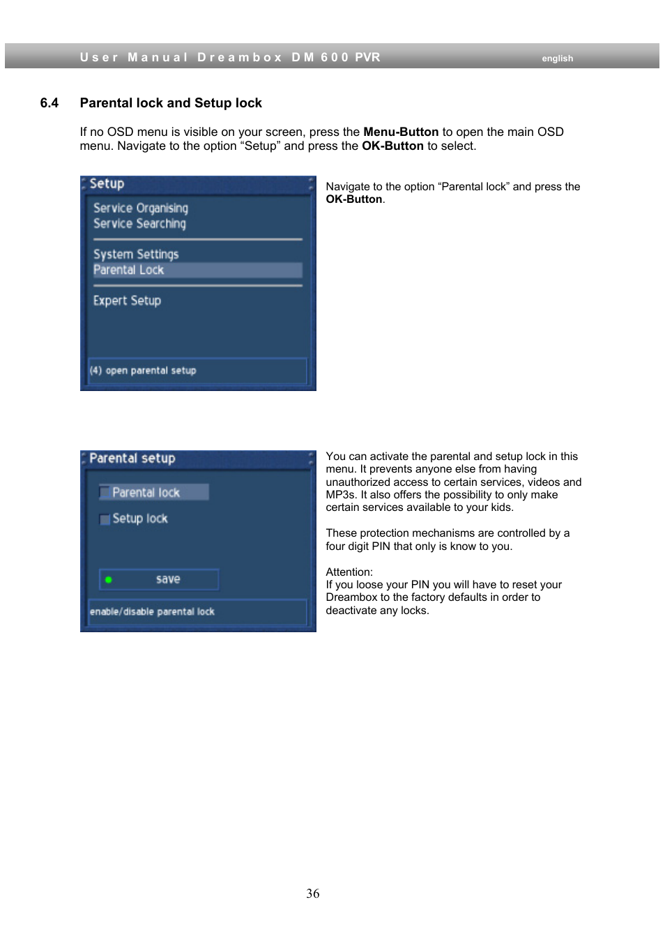 4 parental lock and setup lock | Dream Property DM600 PVR User Manual | Page 36 / 134