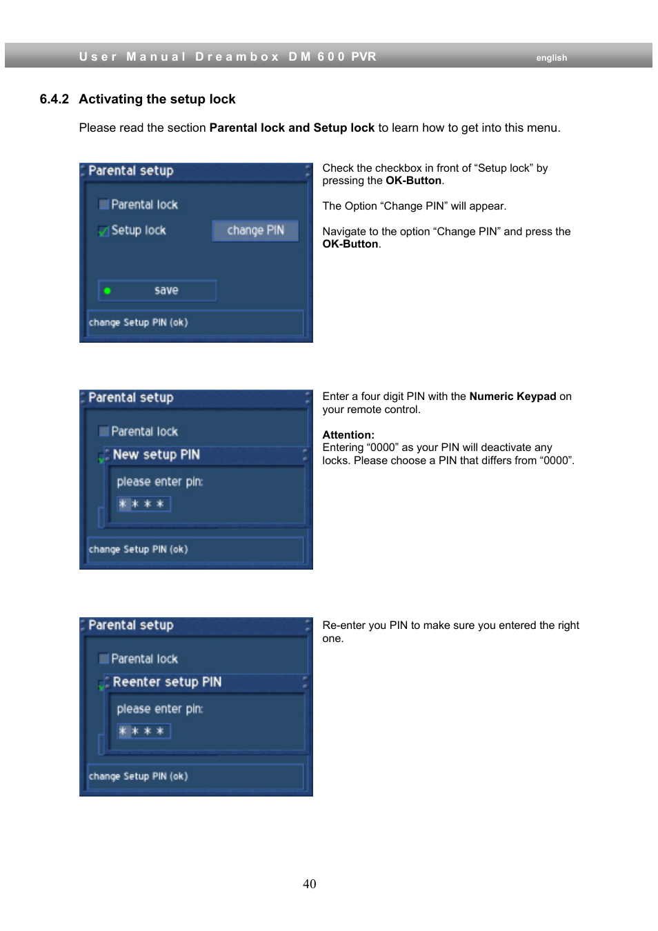 2 activating the setup lock | Dream Property DM600 PVR User Manual | Page 40 / 134
