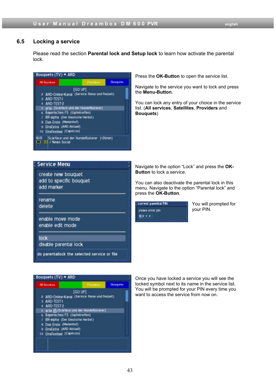 5 locking a service | Dream Property DM600 PVR User Manual | Page 43 / 134