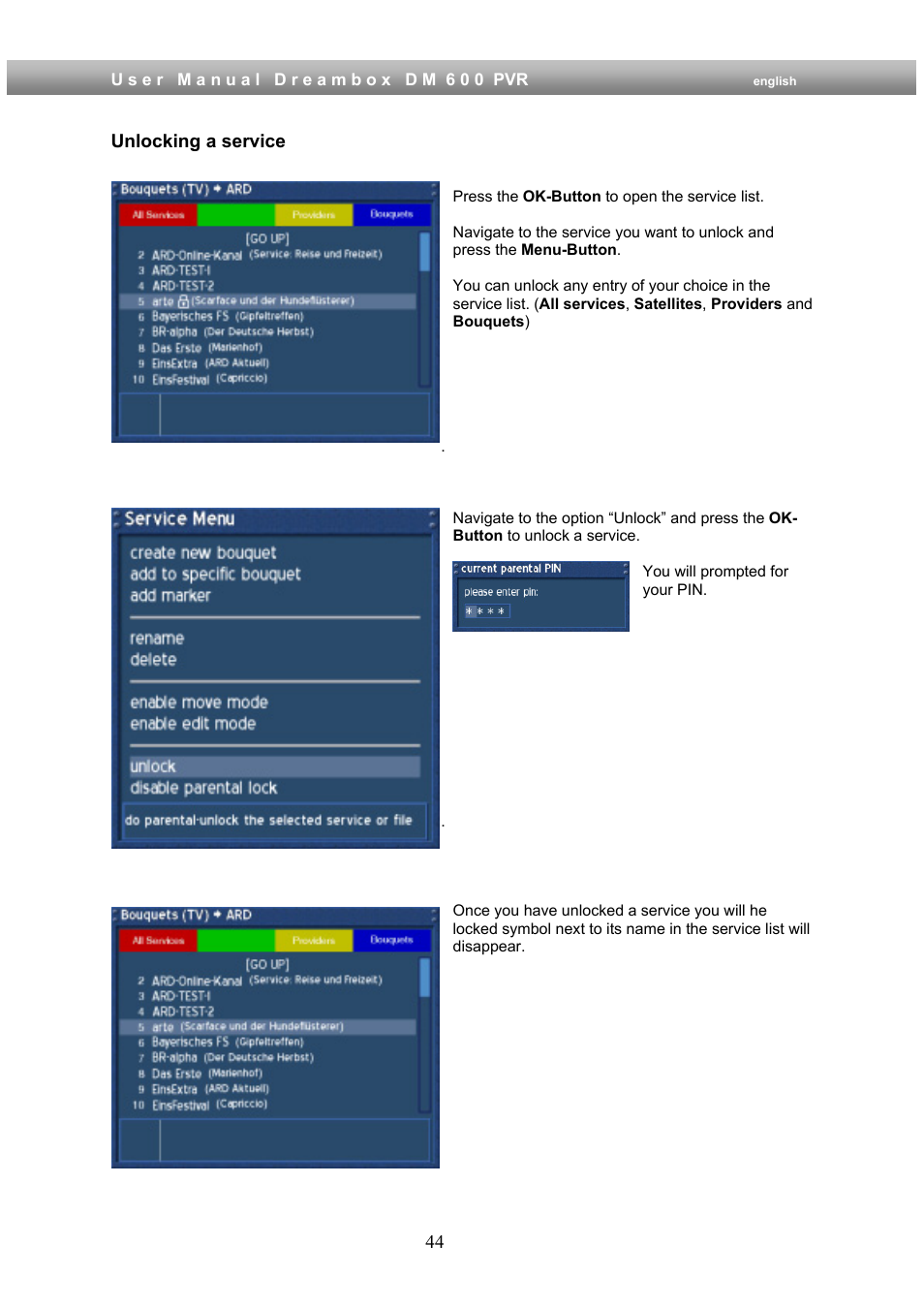 Unlocking a service | Dream Property DM600 PVR User Manual | Page 44 / 134