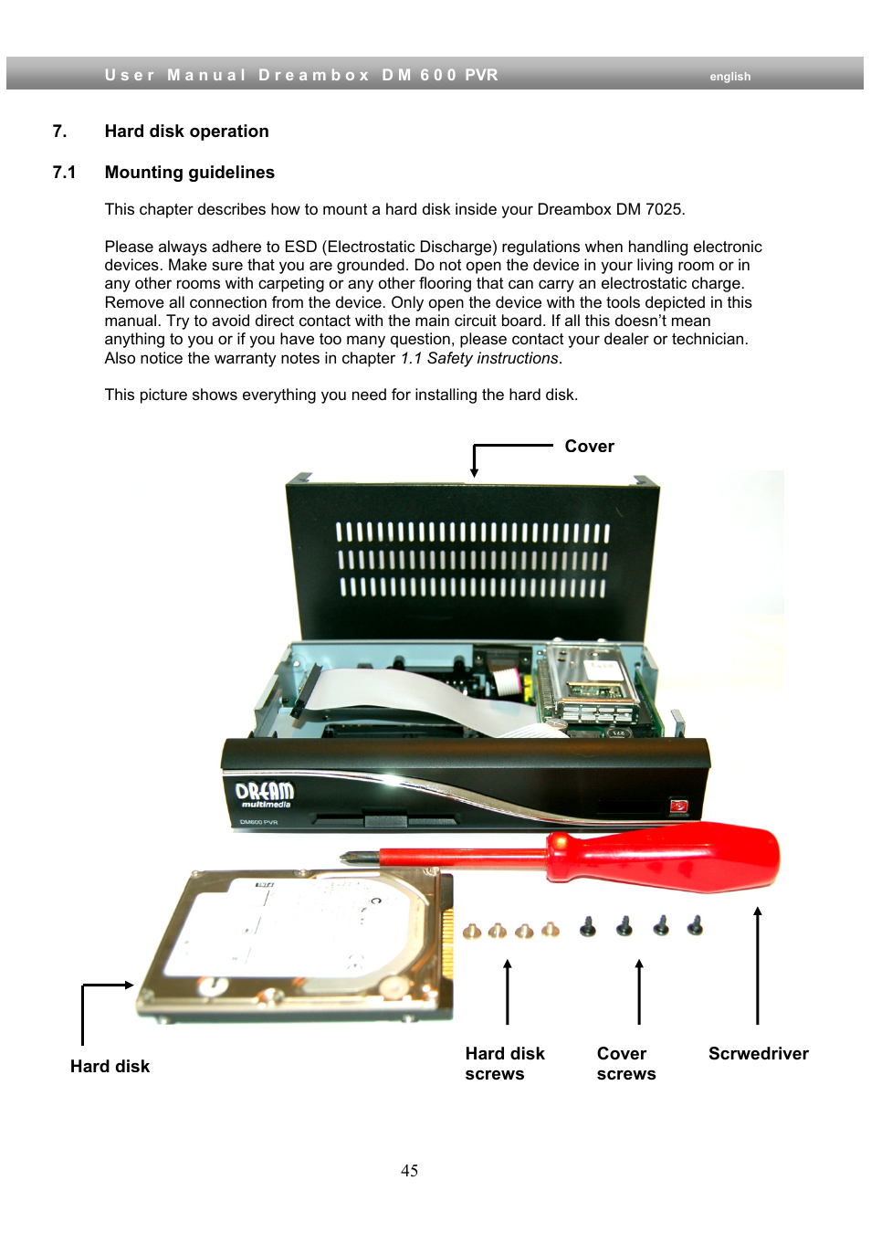 Hard disk operation, 1 mounting guidelines | Dream Property DM600 PVR User Manual | Page 45 / 134
