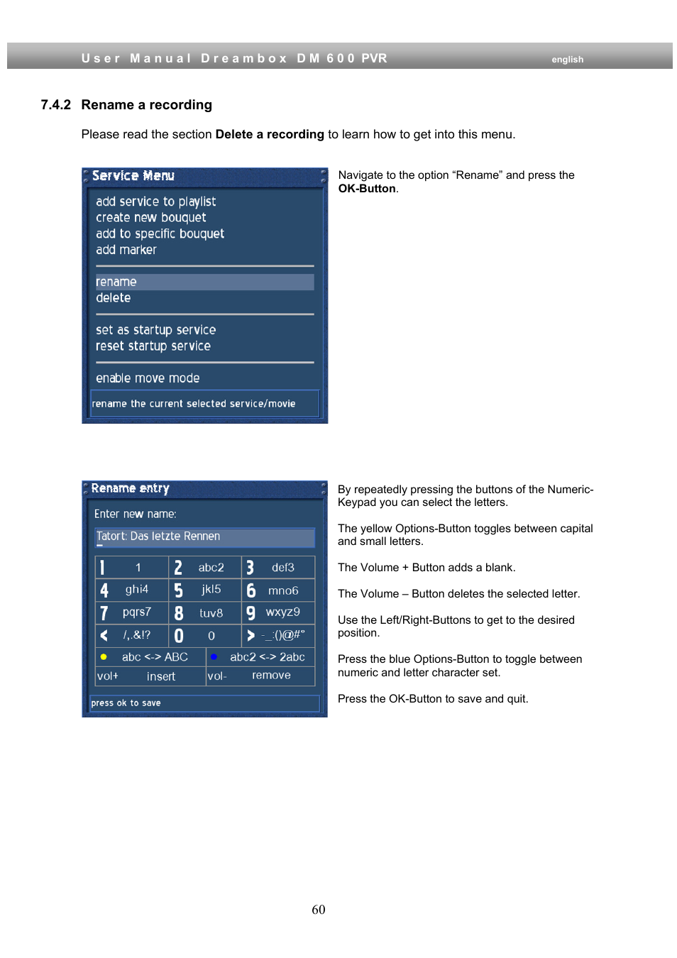 2 rename a recording | Dream Property DM600 PVR User Manual | Page 60 / 134