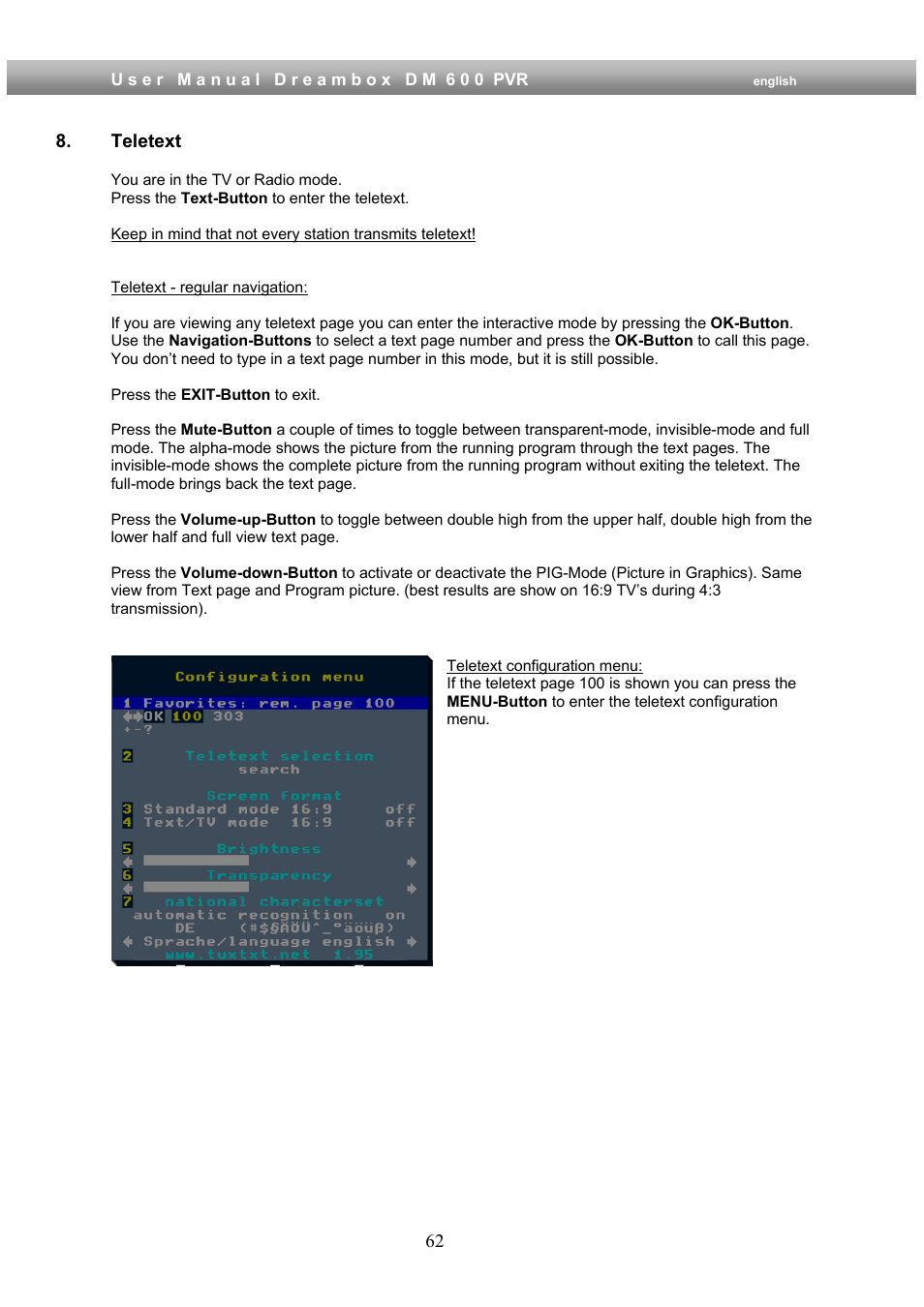Teletext | Dream Property DM600 PVR User Manual | Page 62 / 134