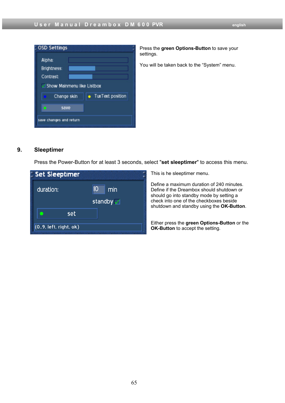 Sleeptimer | Dream Property DM600 PVR User Manual | Page 65 / 134