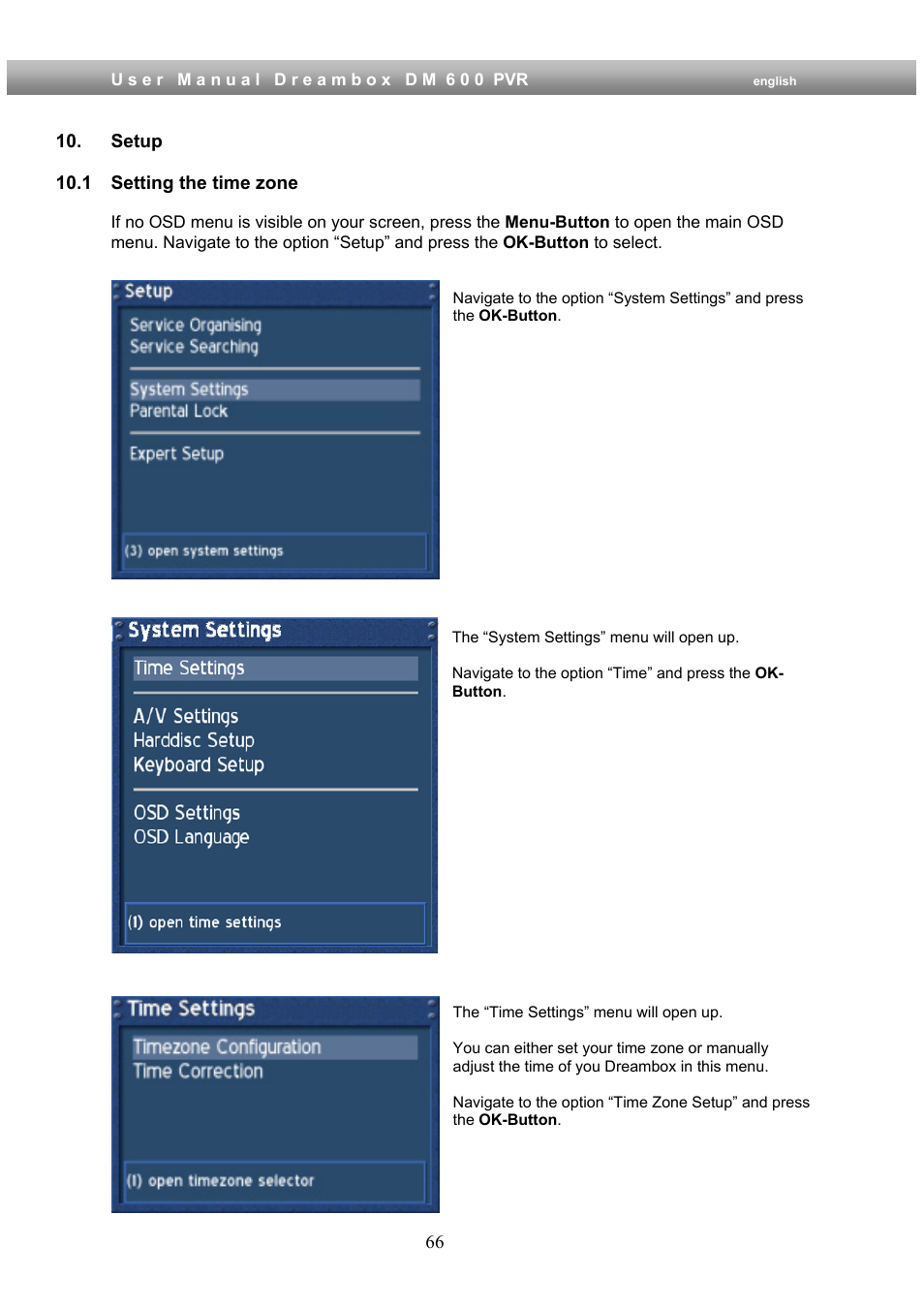 Setup, 1 setting the time zone | Dream Property DM600 PVR User Manual | Page 66 / 134