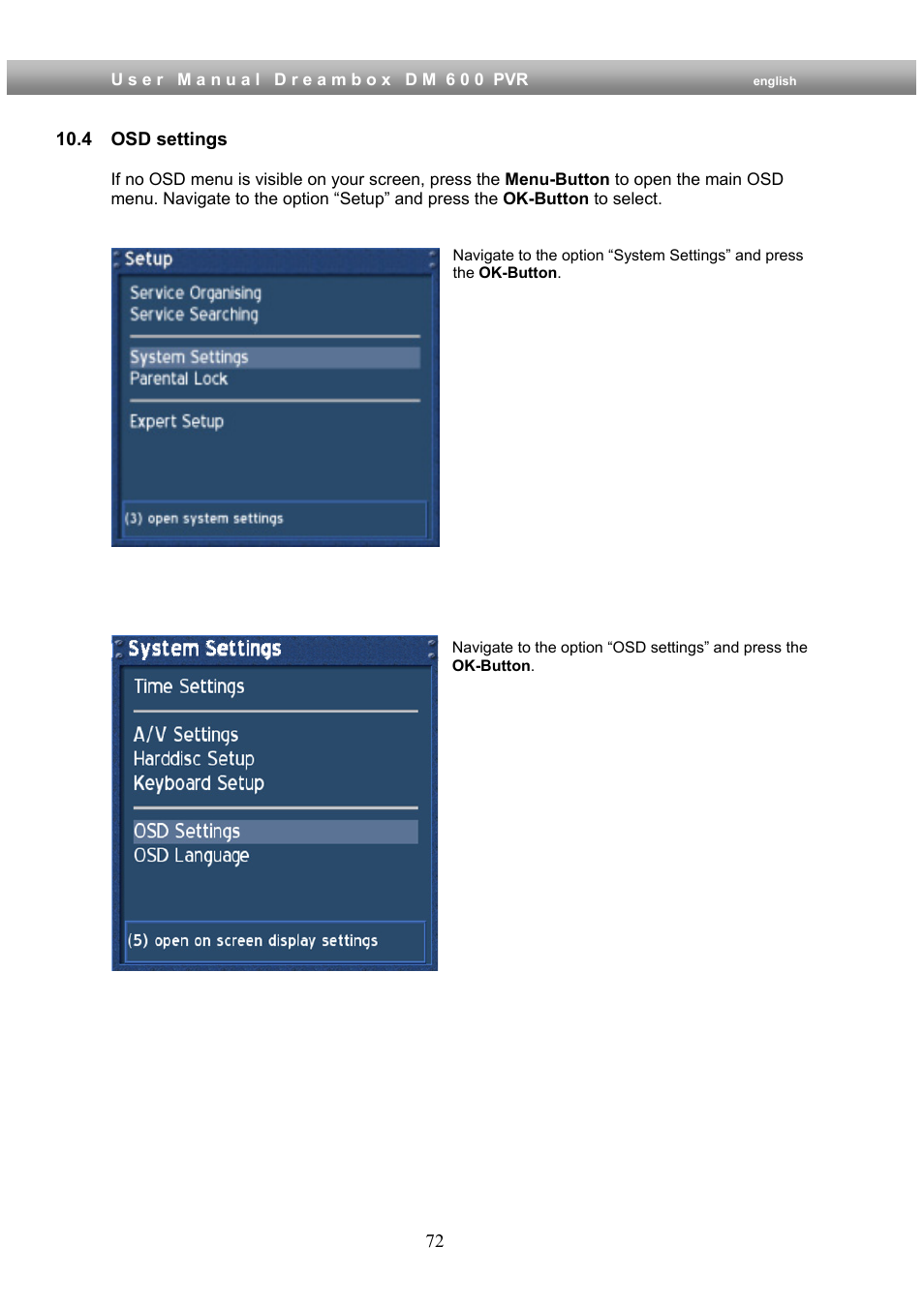 4 osd settings | Dream Property DM600 PVR User Manual | Page 72 / 134